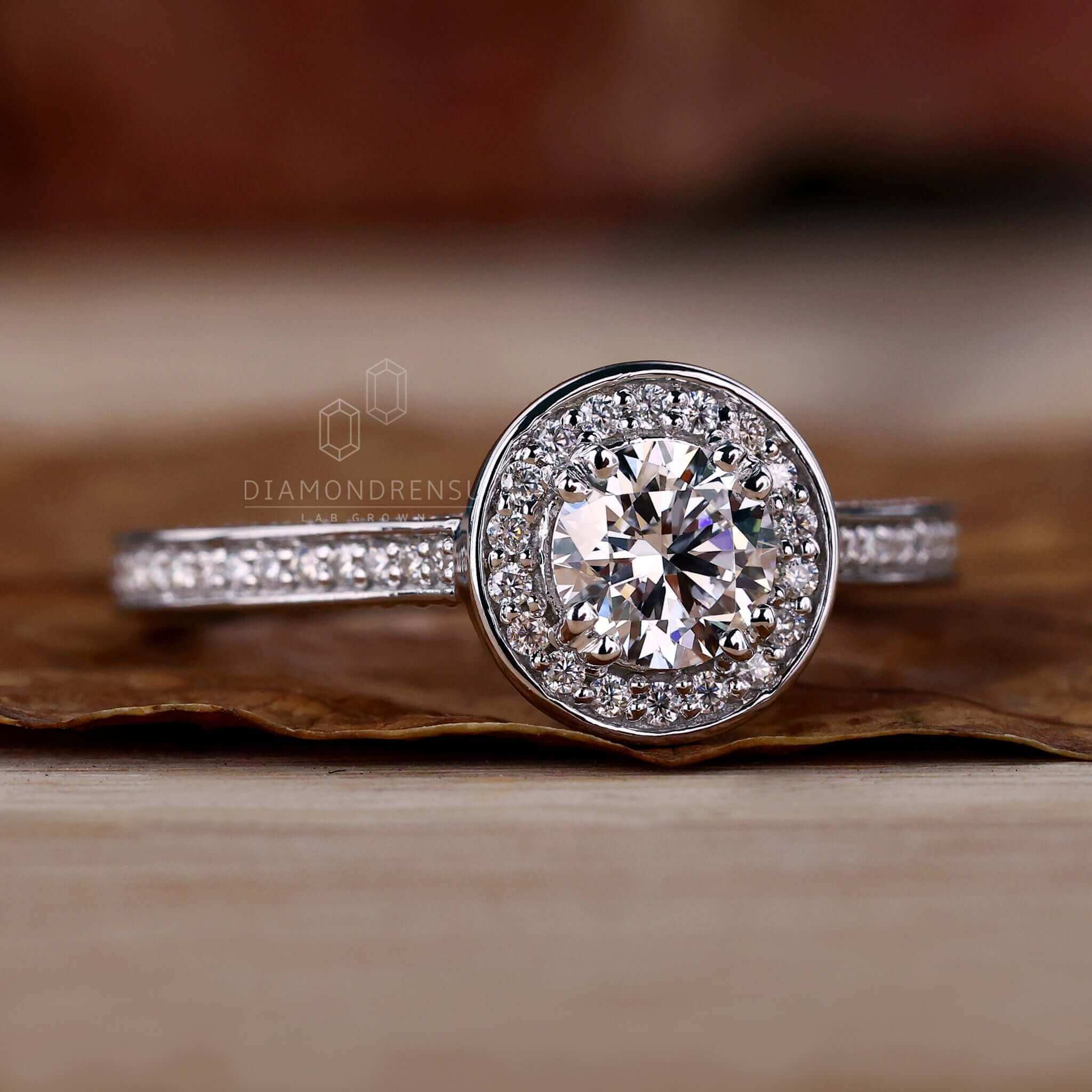 lab grown diamond halo engagement ring