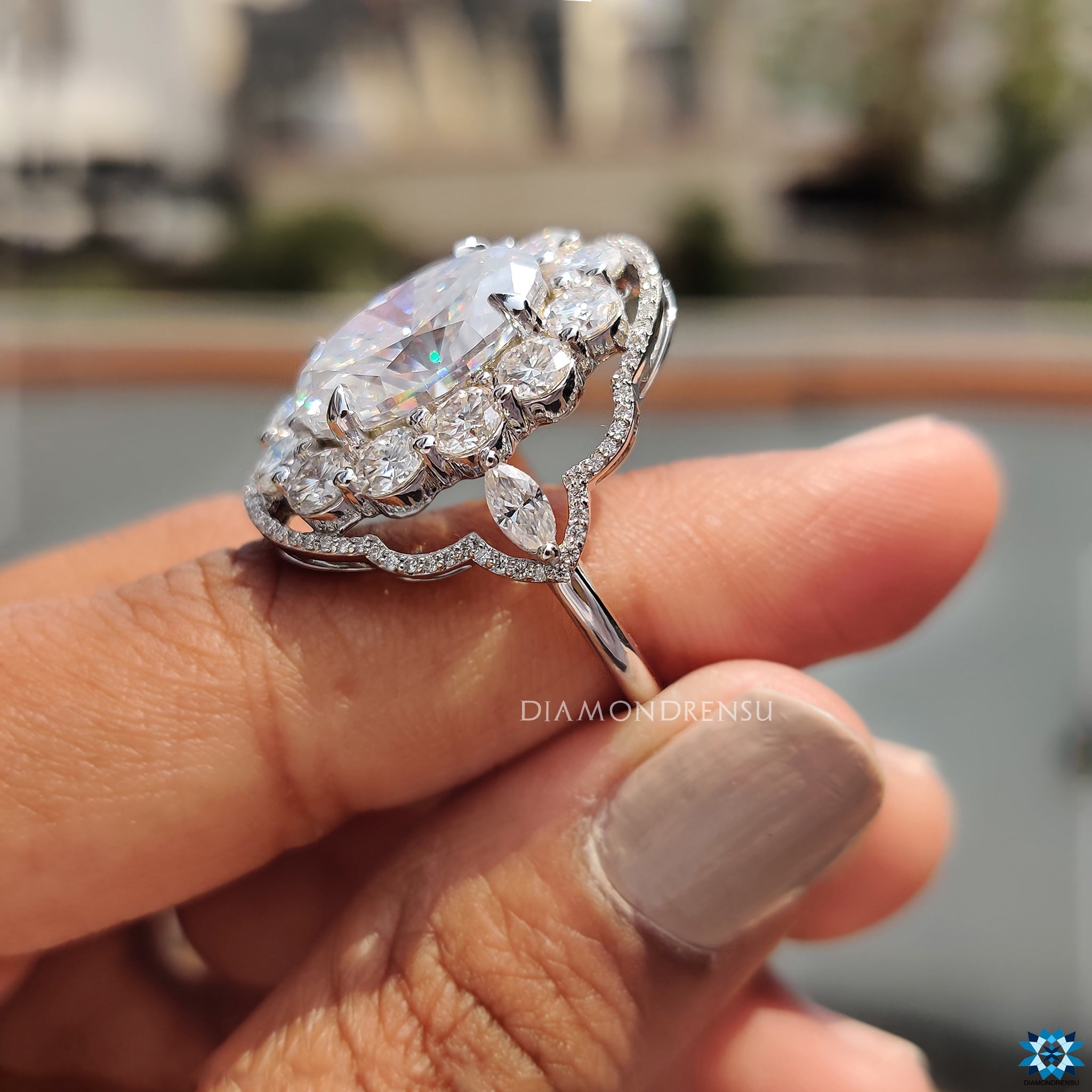 Model Showing Off Oval Moissanite Halo Ring