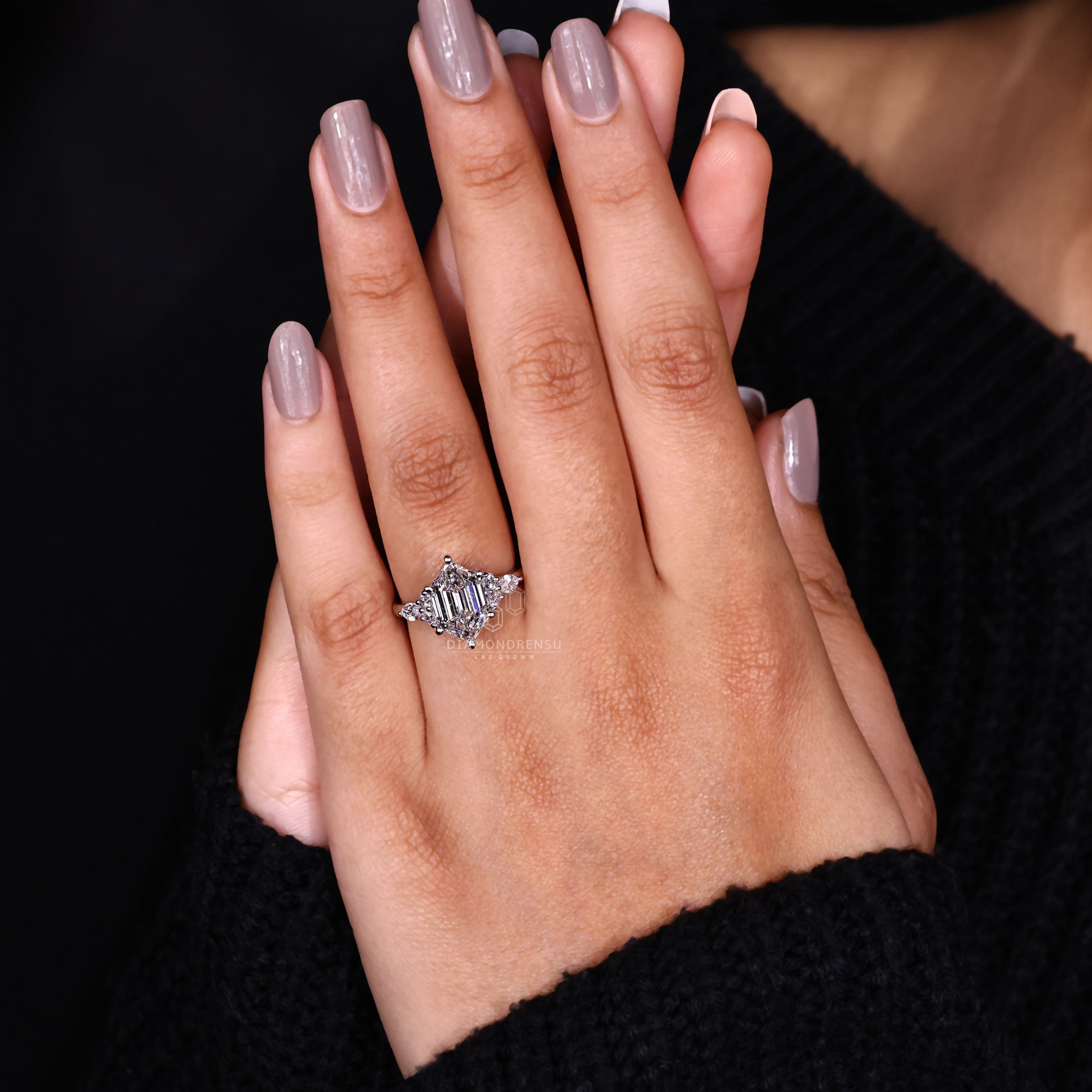 A close-up of a hexagon diamond engagement ring, showcasing its intricate facets and brilliant sparkle.