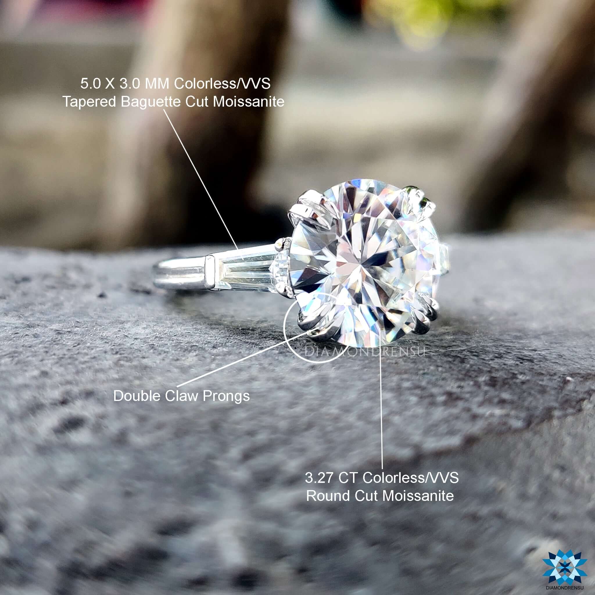 three stone moissanite ring