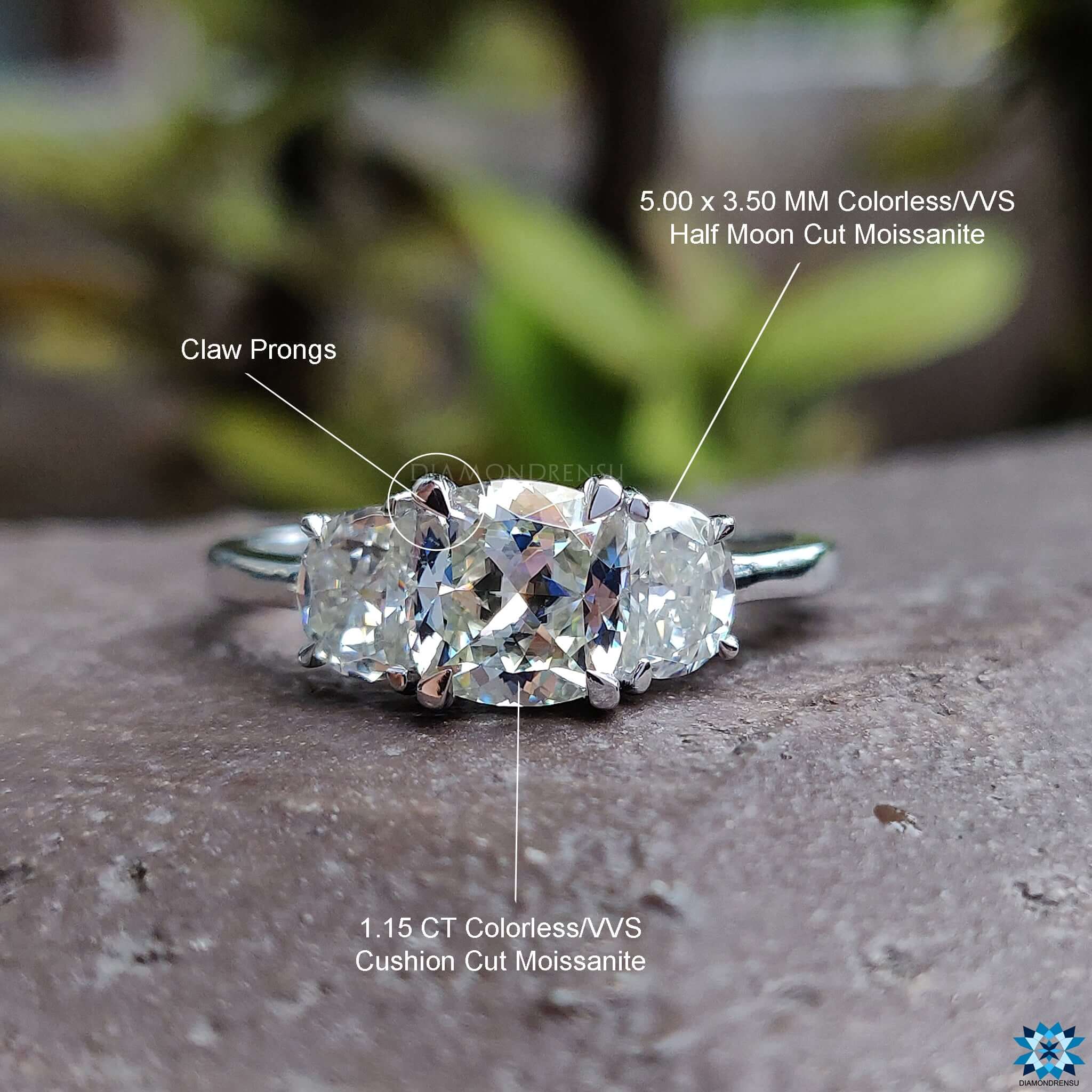 three stone moissanite ring