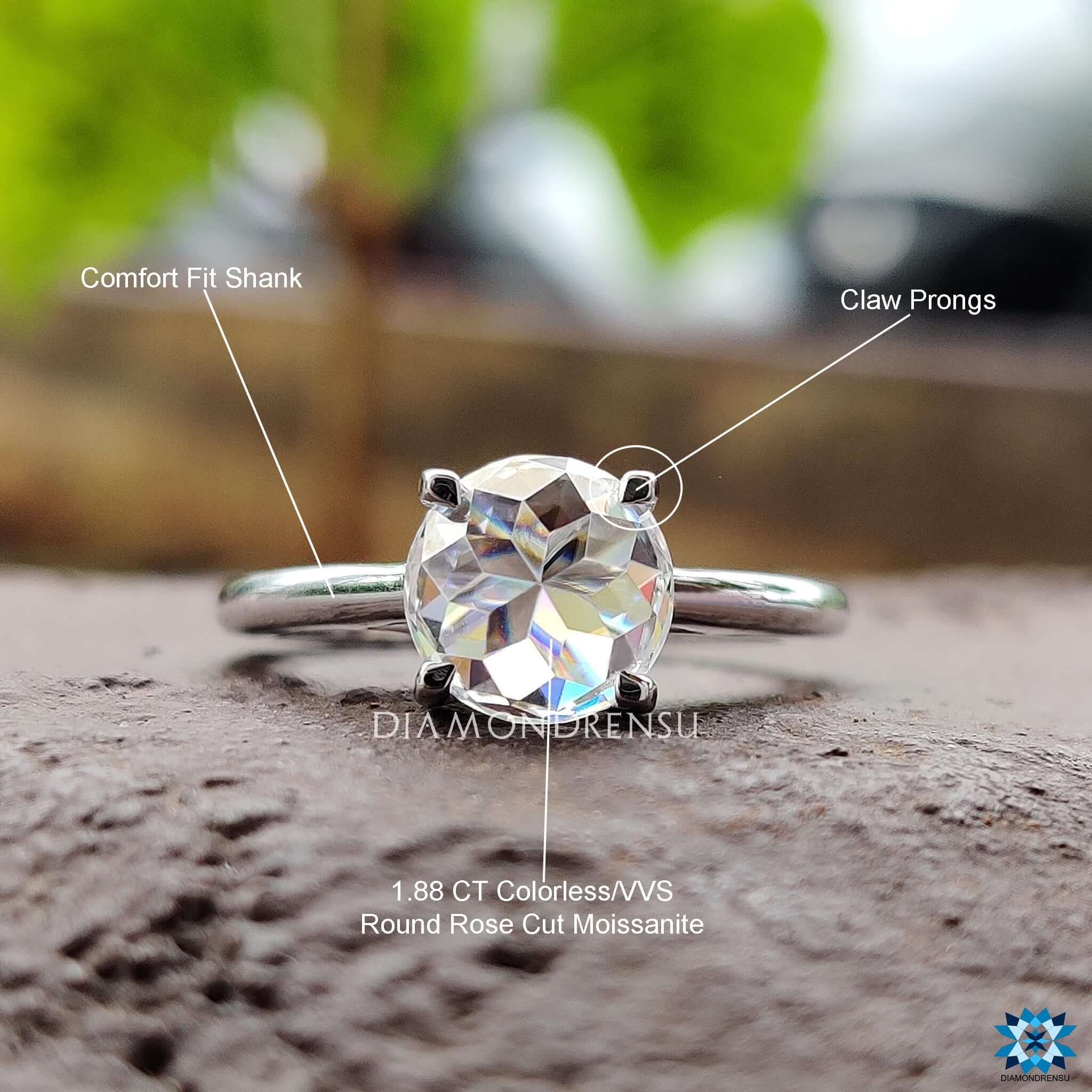 round rose cut moissanite ring