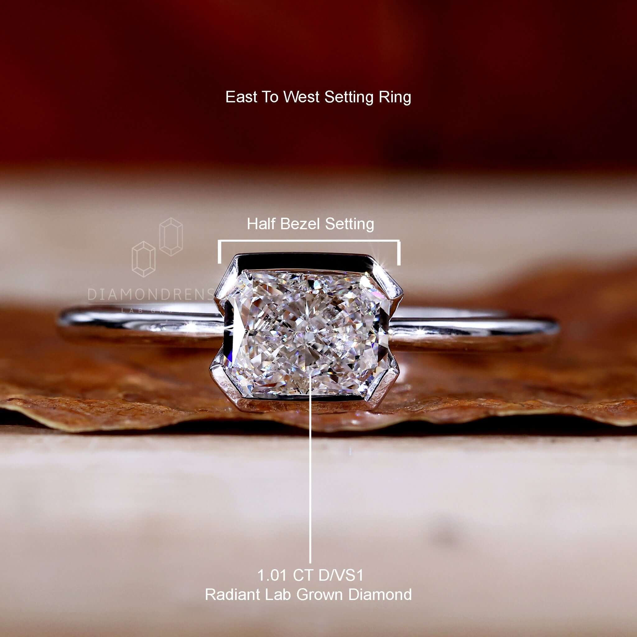 1.01 CT Radiant Cut Lab Grown Diamond Ring, Half Bezel East to West Setting