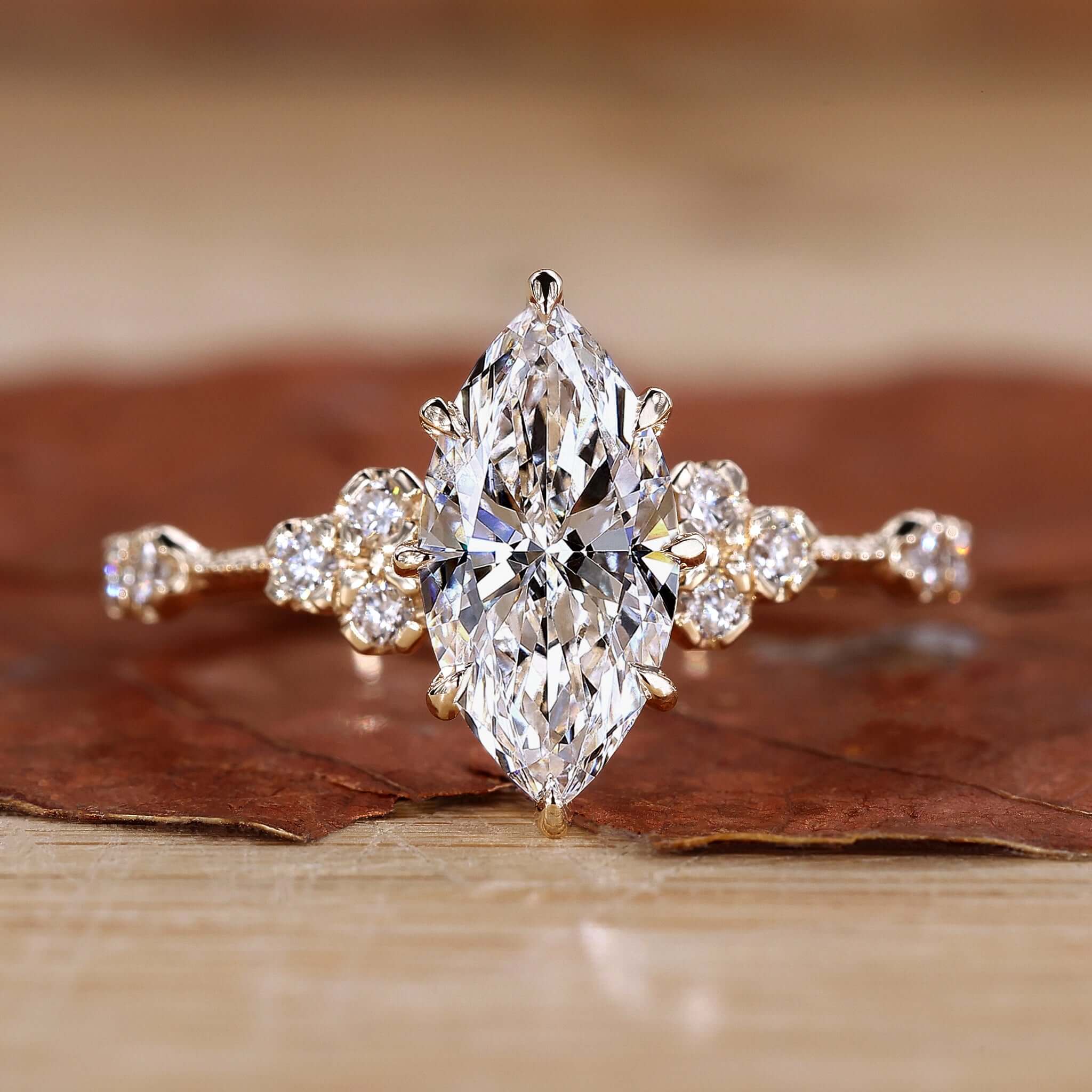 Elegant marquise cut diamond ring, showcasing its elongated shape and brilliant sparkle.