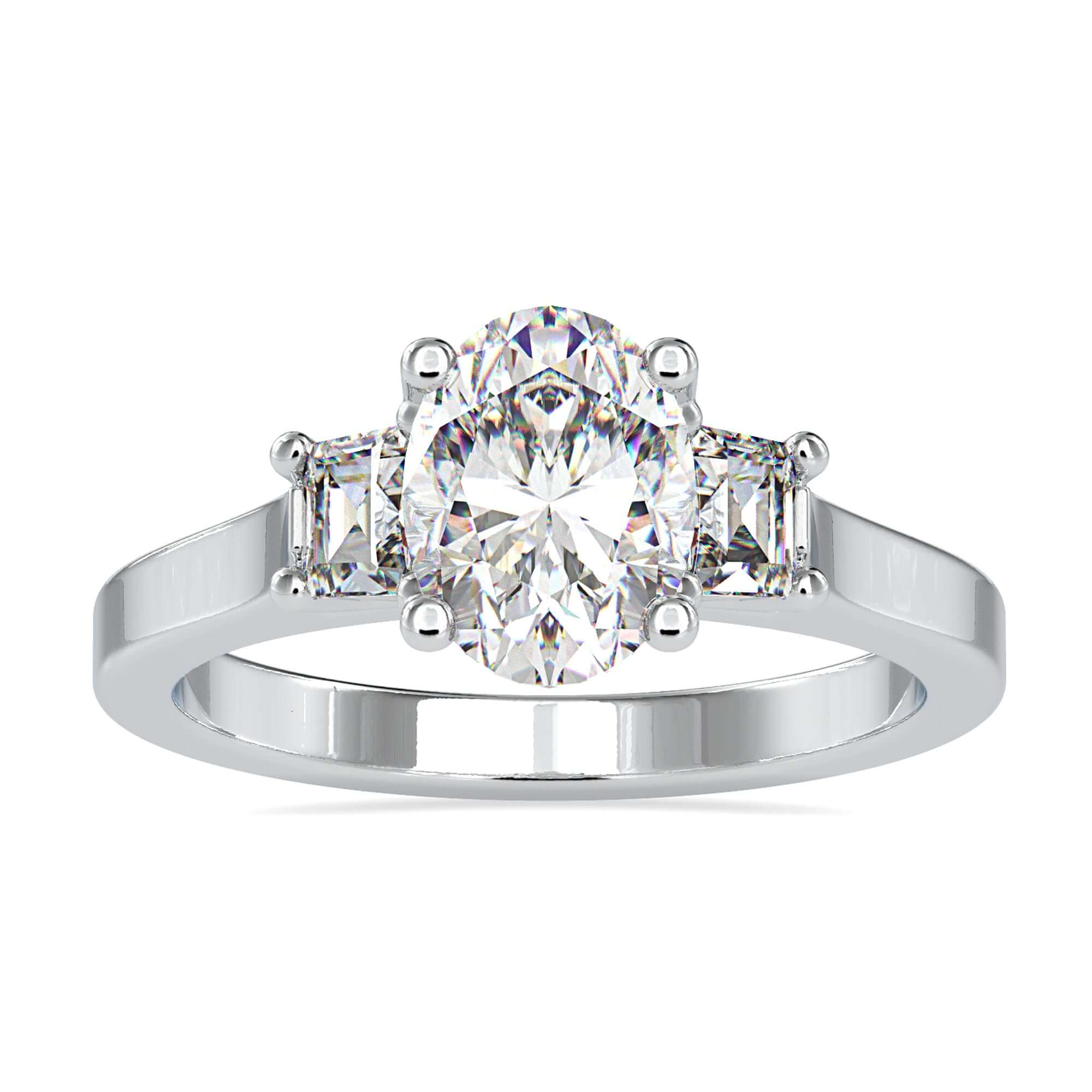 Three Stone Oval Engagement Ring with trapezoid side stones.