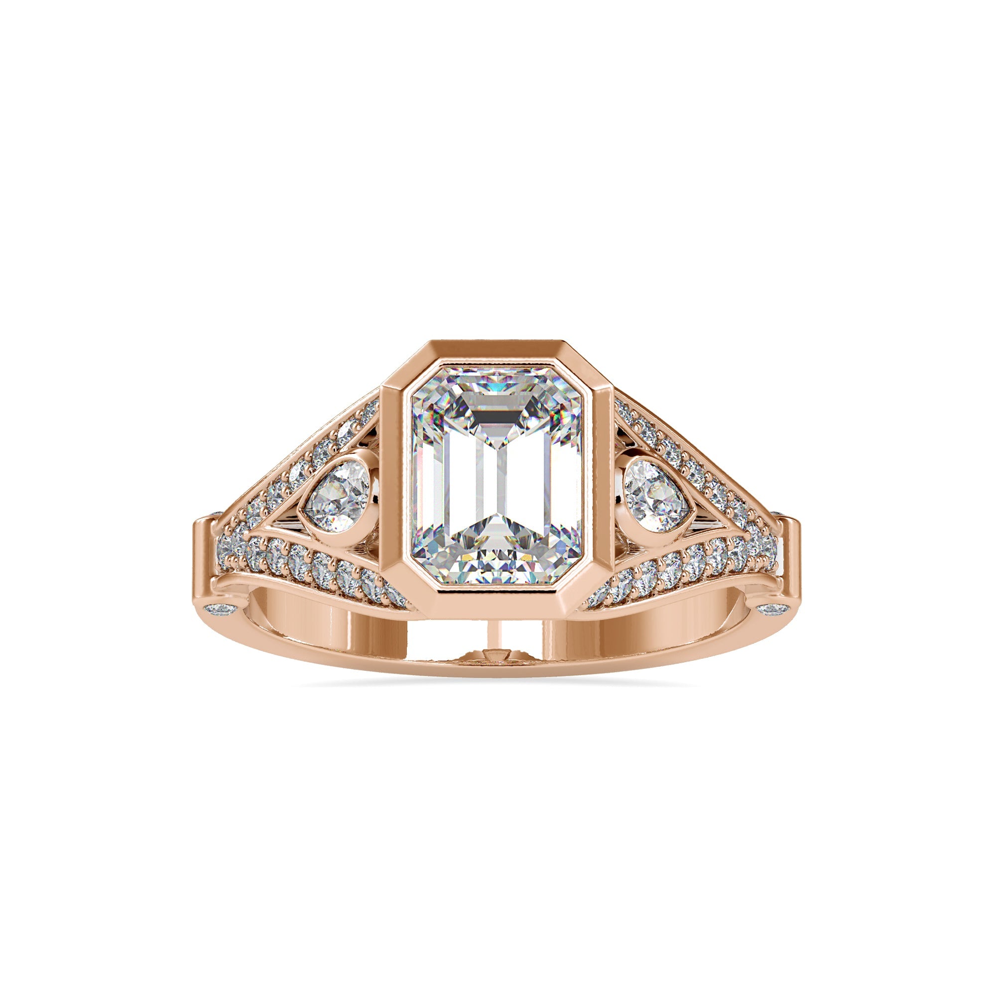 Rose gold emerald and diamond ring with a split shank
