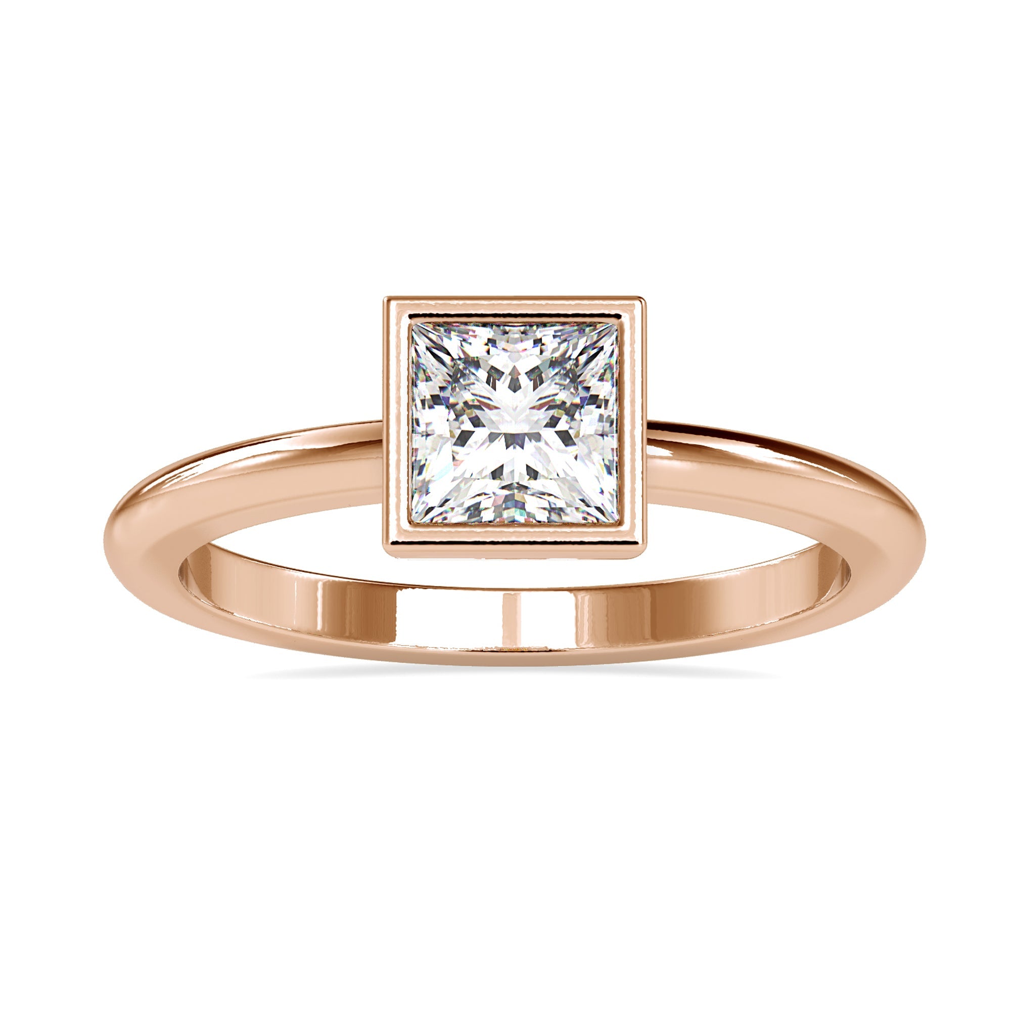 Elegant bezel set engagement ring featuring a princess cut diamond.
