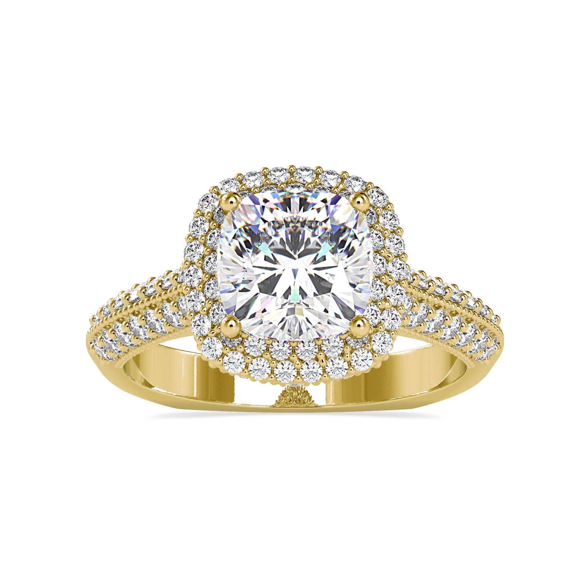 Double row pave engagement ring with a cushion cut diamond for maximum brilliance.