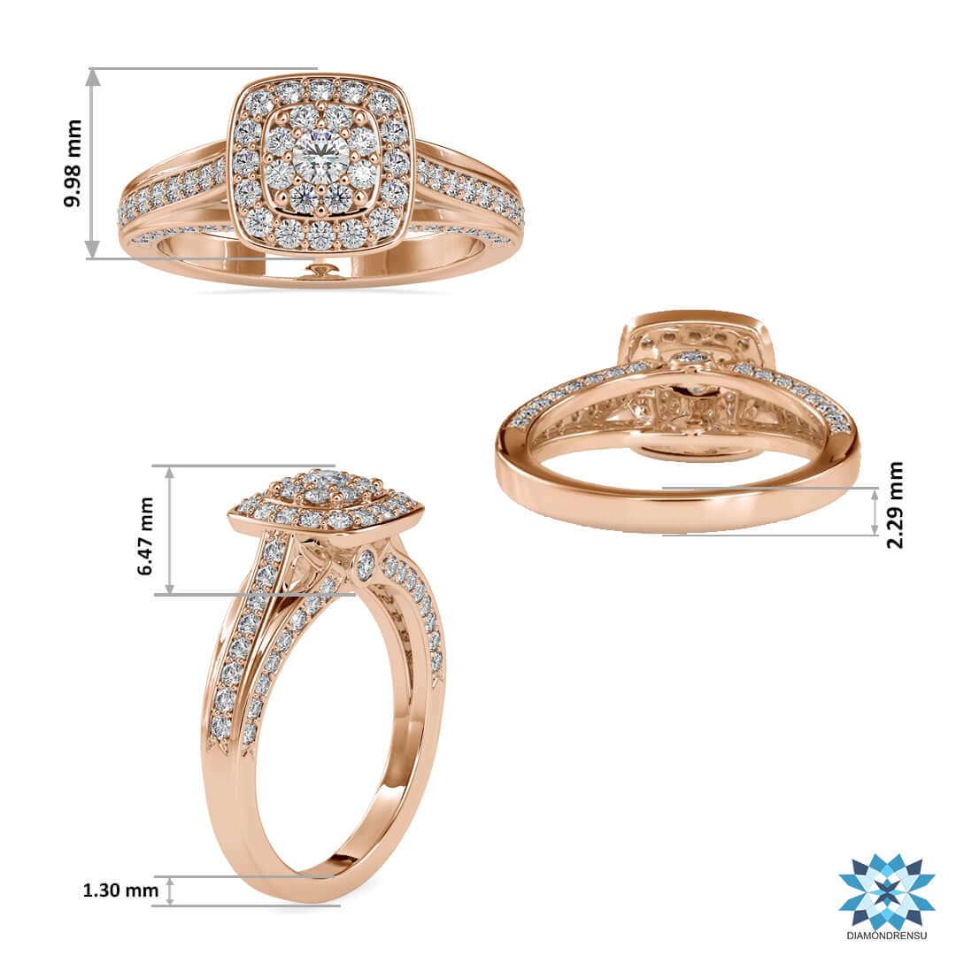 Beautiful bridge diamond ring featuring a double halo and lab grown diamond.
