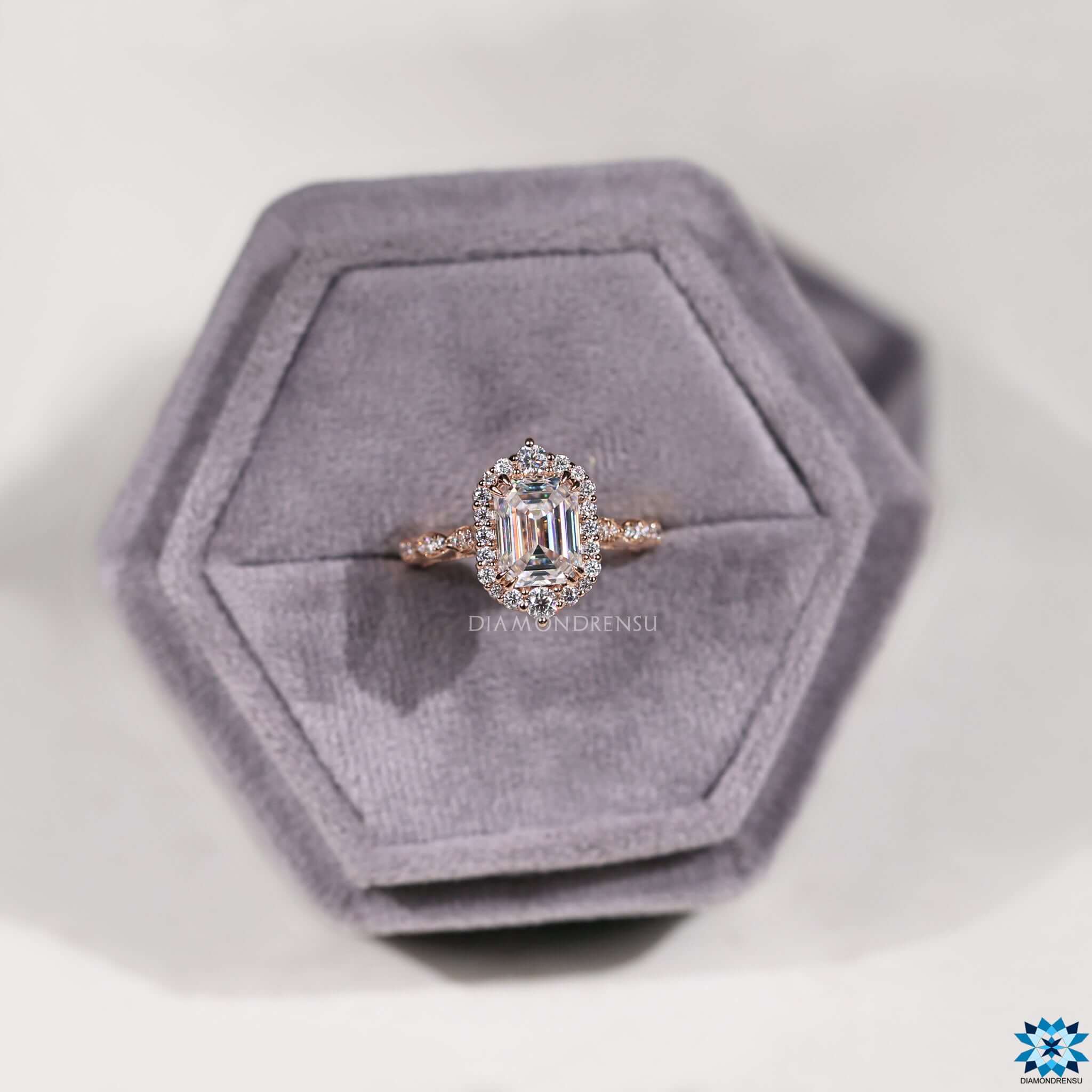 Dazzling moissanite emerald cut ring with clean lines and a striking silhouette, perfect for engagement.