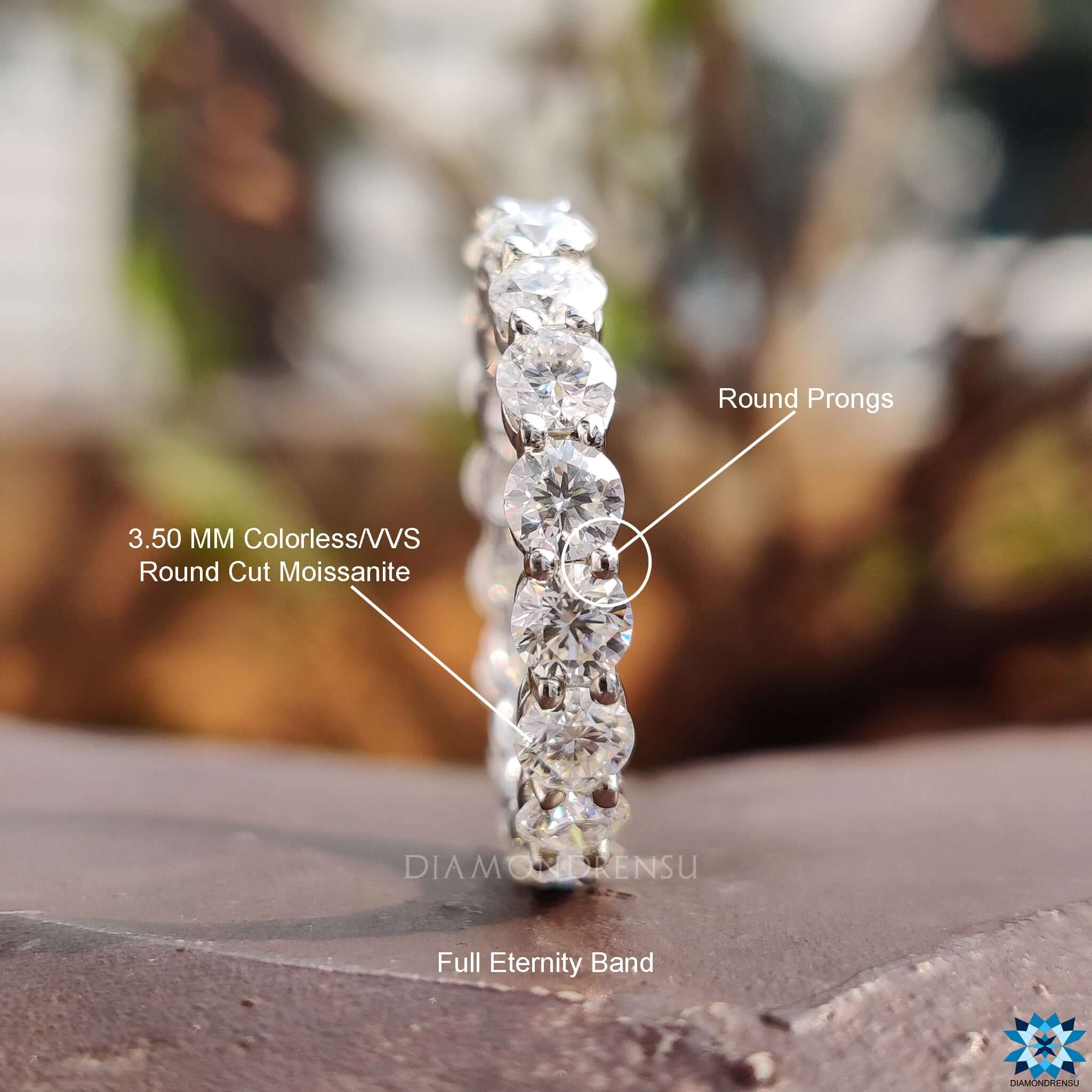 Moissanite eternity band crafted with care in an elegant basket setting for ultimate shine.