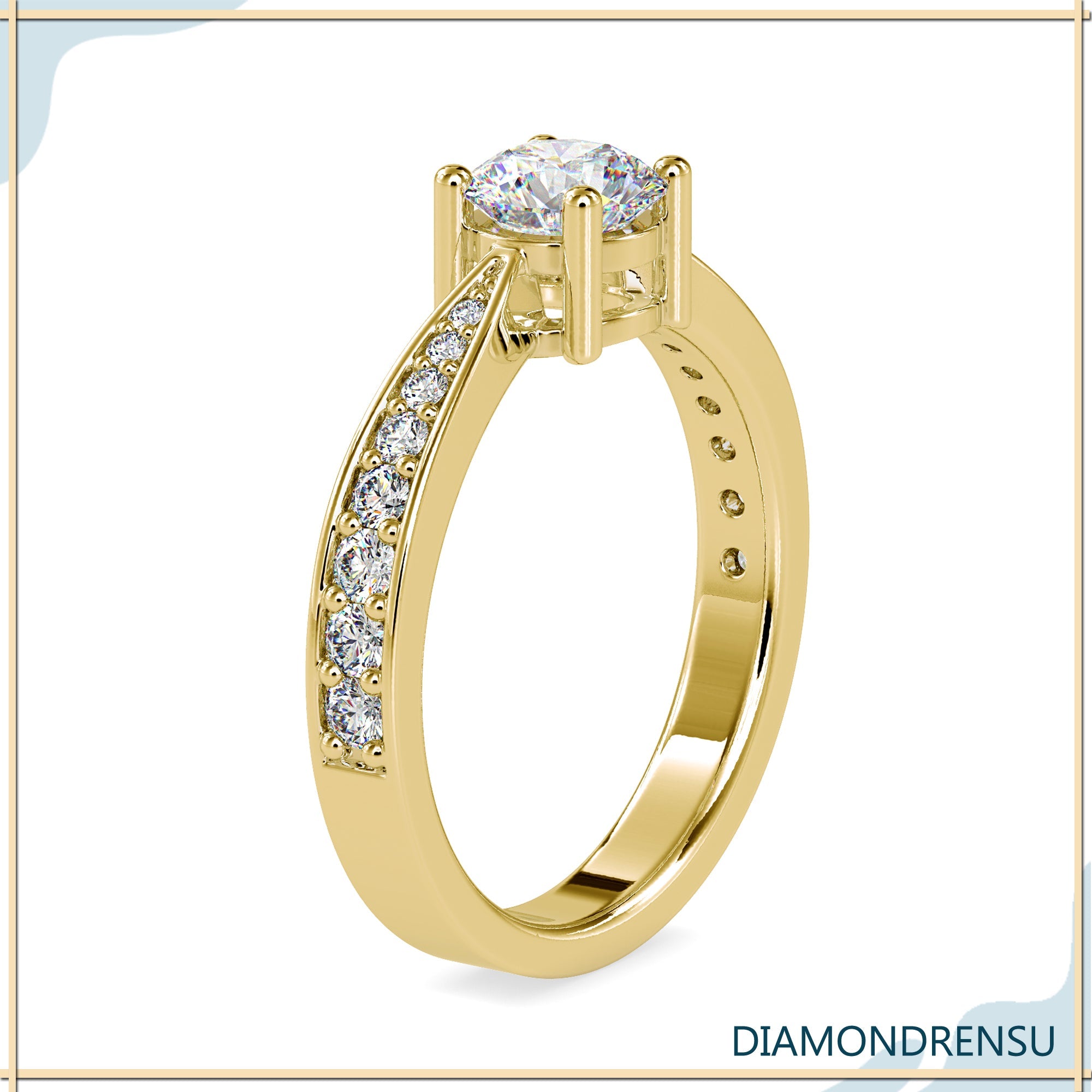 2 carat round cut diamond ring with a basket setting ring design in rose, white, or yellow gold.
