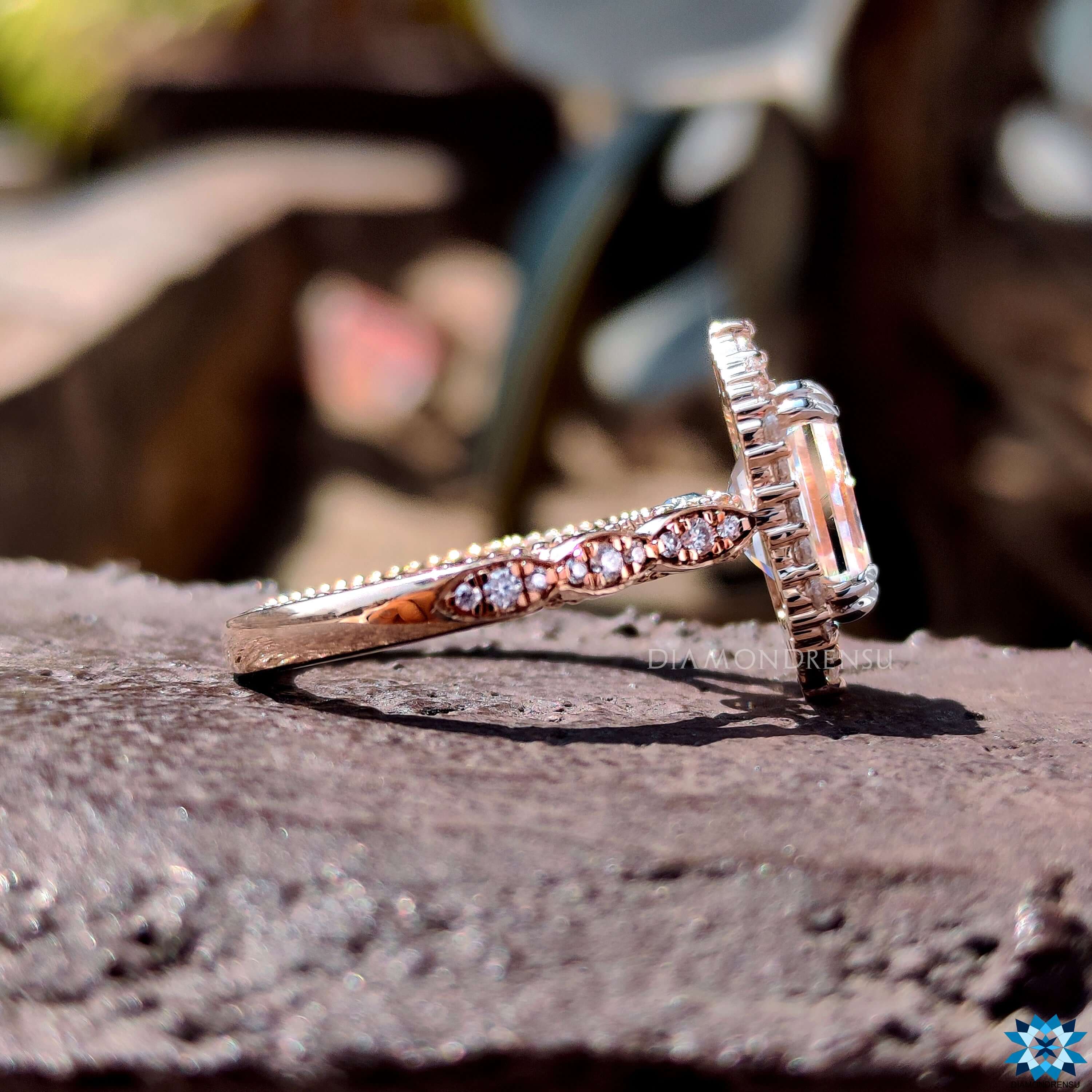 Beautiful emerald cut moissanite ring with sparkling clarity, offering a contemporary twist on a classic design.
