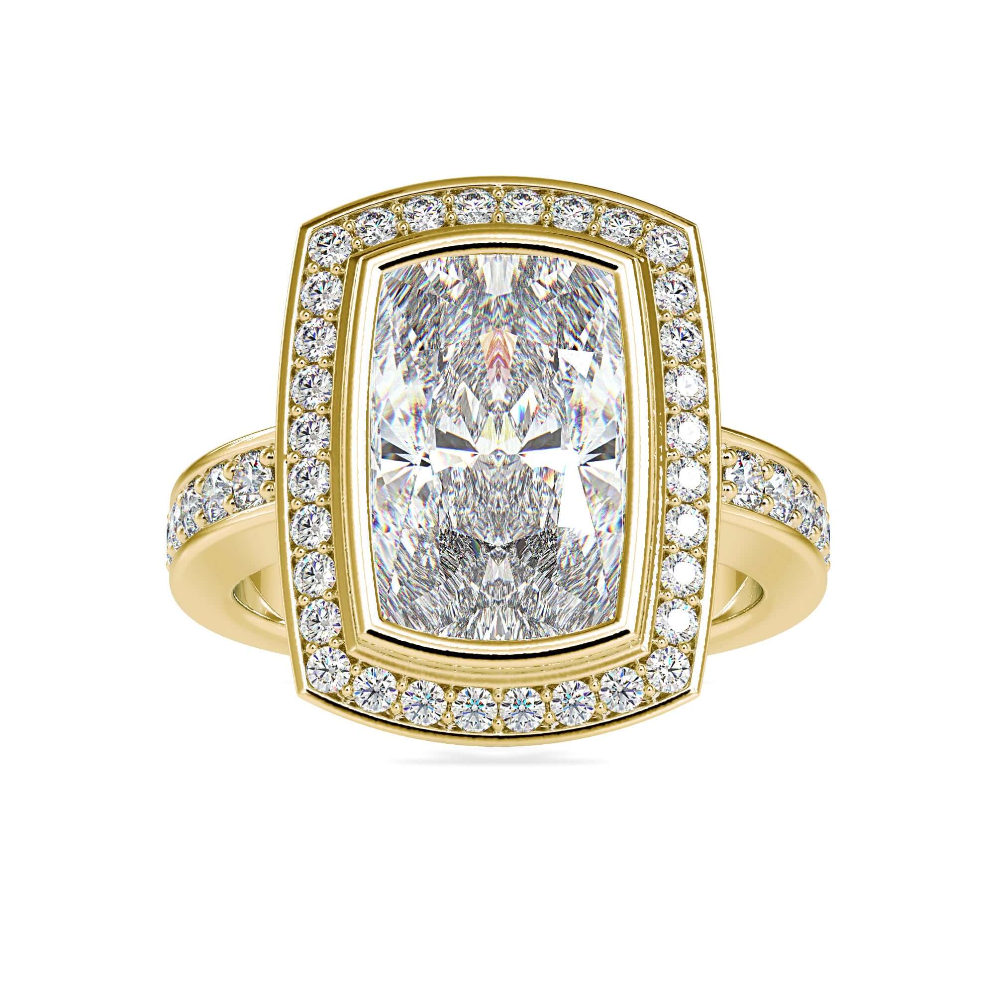 Elegant pave engagement ring with an elongated cushion cut diamond and halo setting.