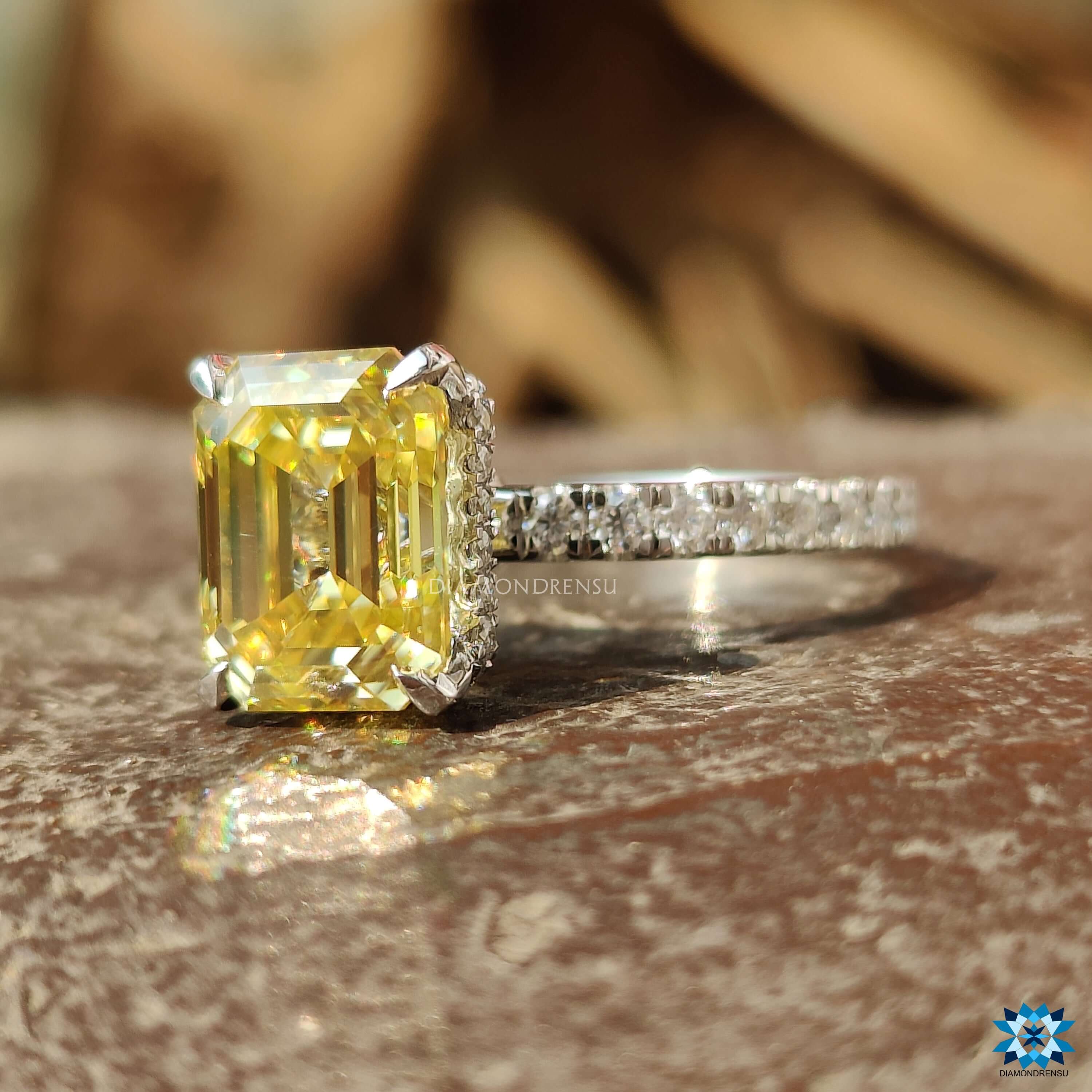 Canary Vivid Yellow 3.82 TCW Emerald Cut Unique Moissanite Engagement Ring