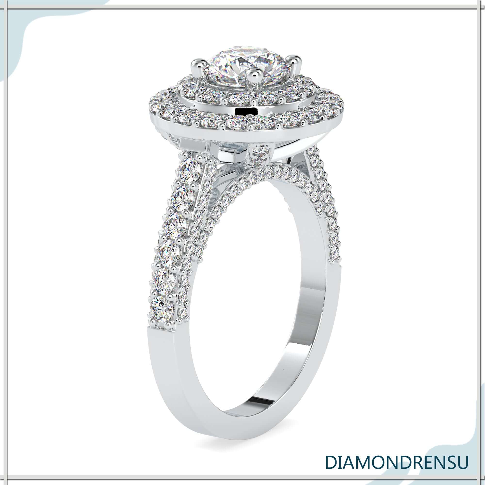 Pave setting ring featuring a round engagement diamond for a luxurious look.