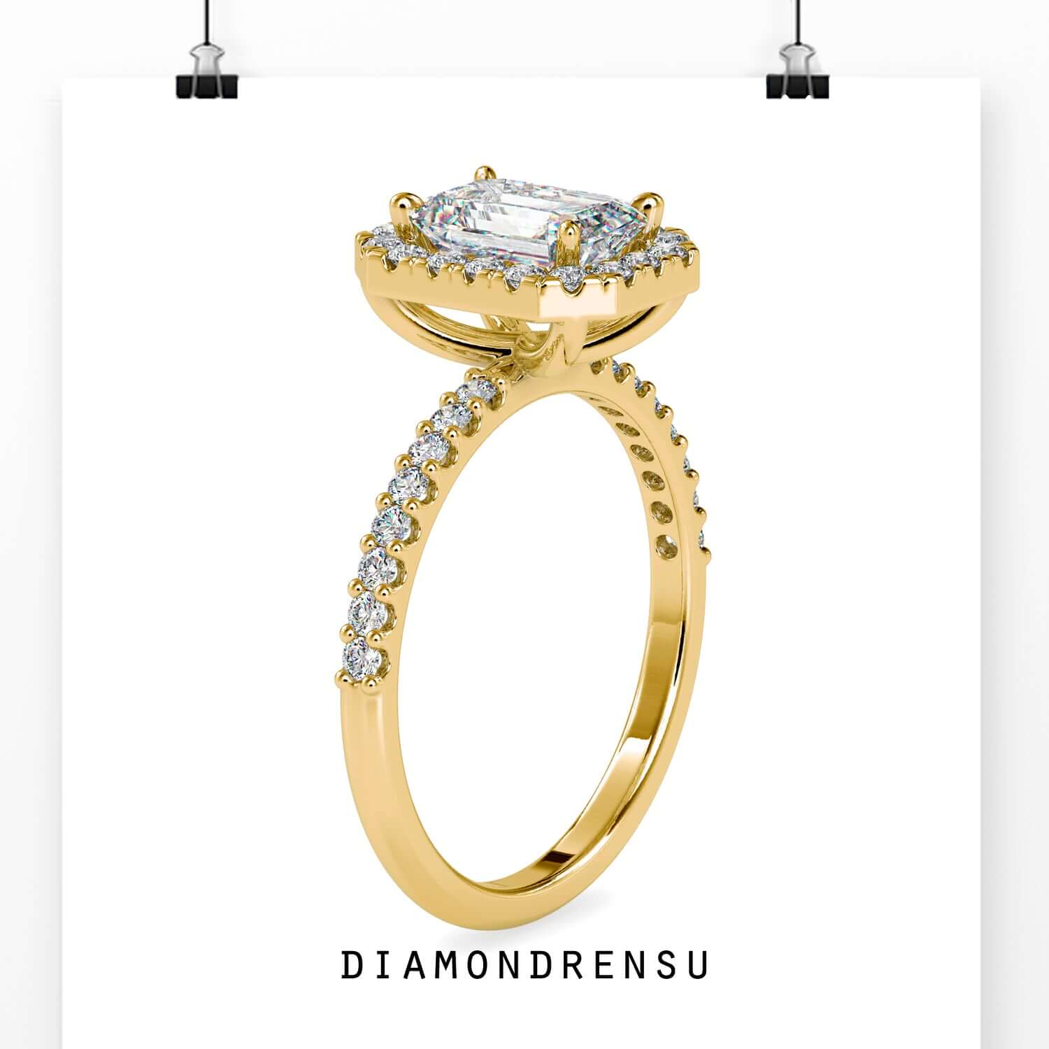 Diamondrensu ring with an emerald cut halo and colorless diamond.