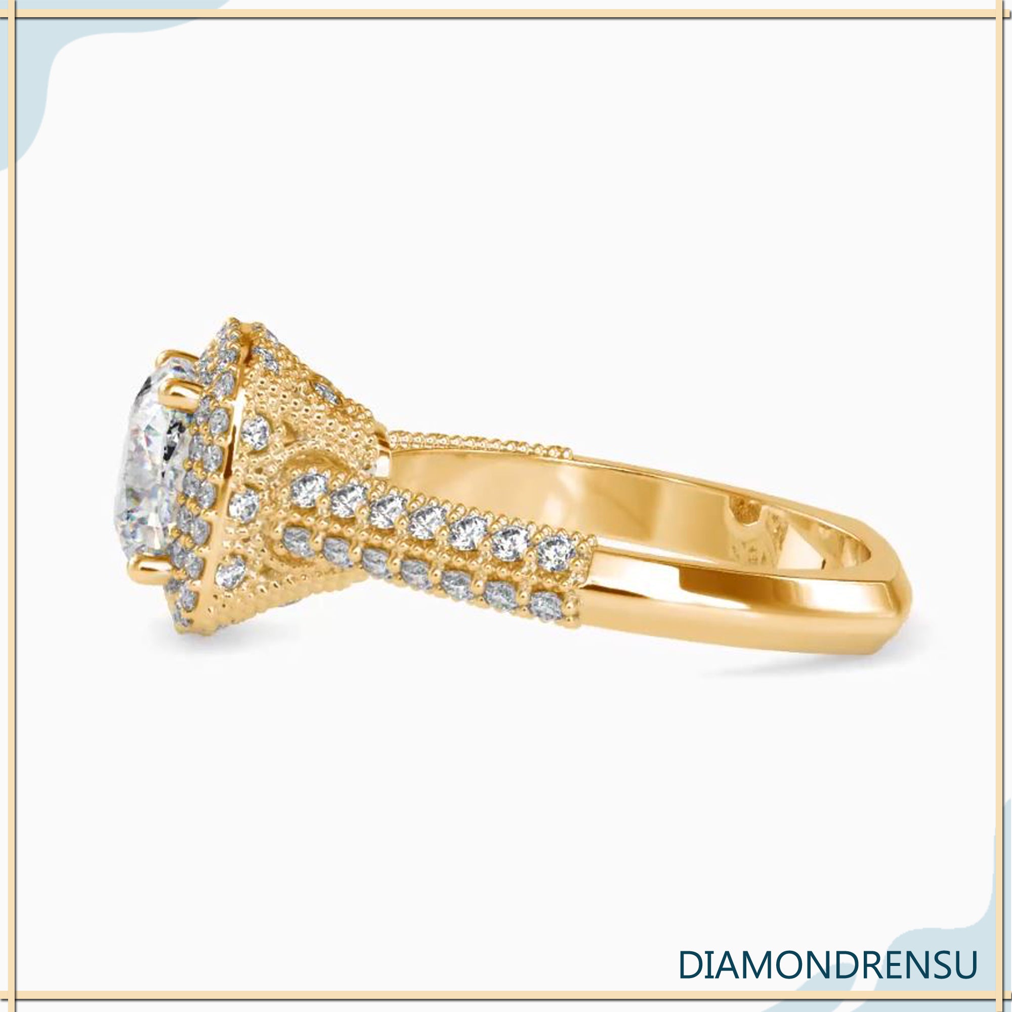 Stunning pave setting diamond ring with a cushion cut center stone.