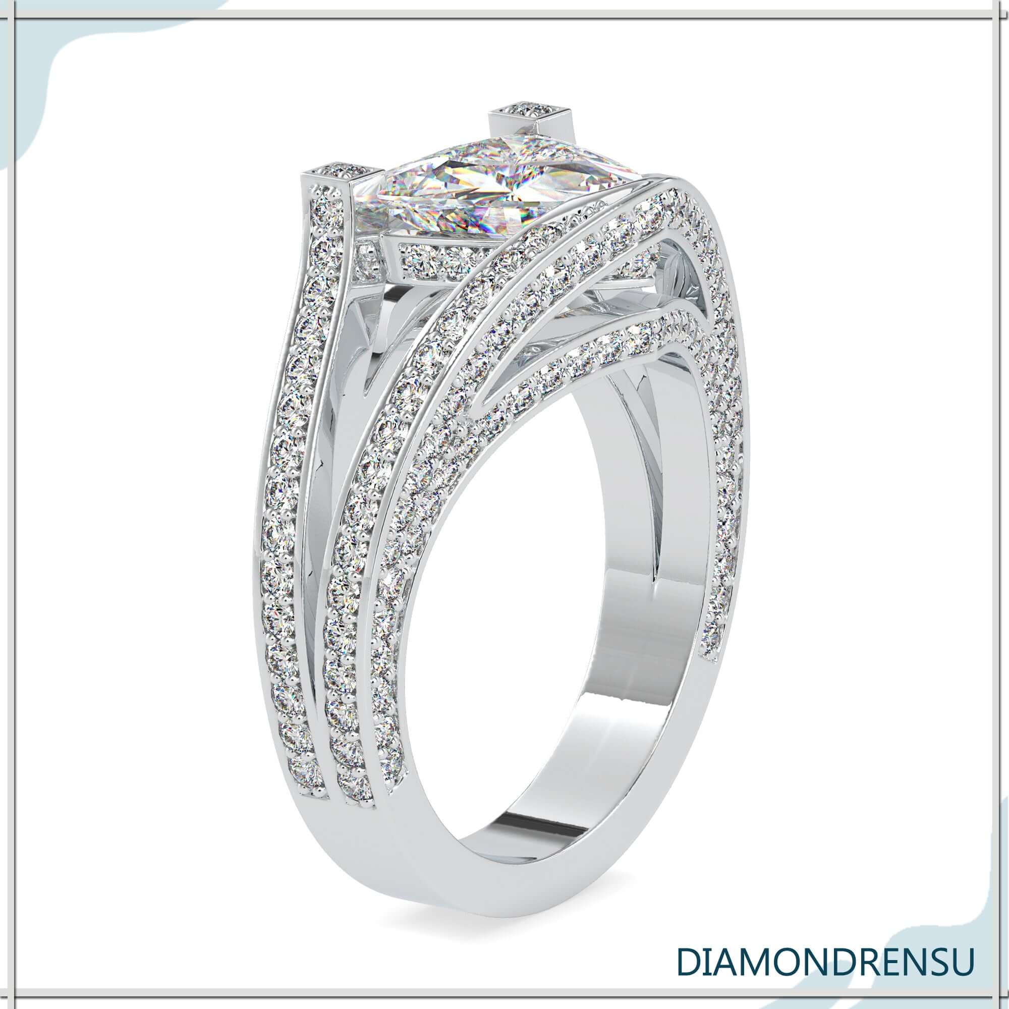 Diamondrensu engagement ring featuring a hidden halo and igi certified diamonds.