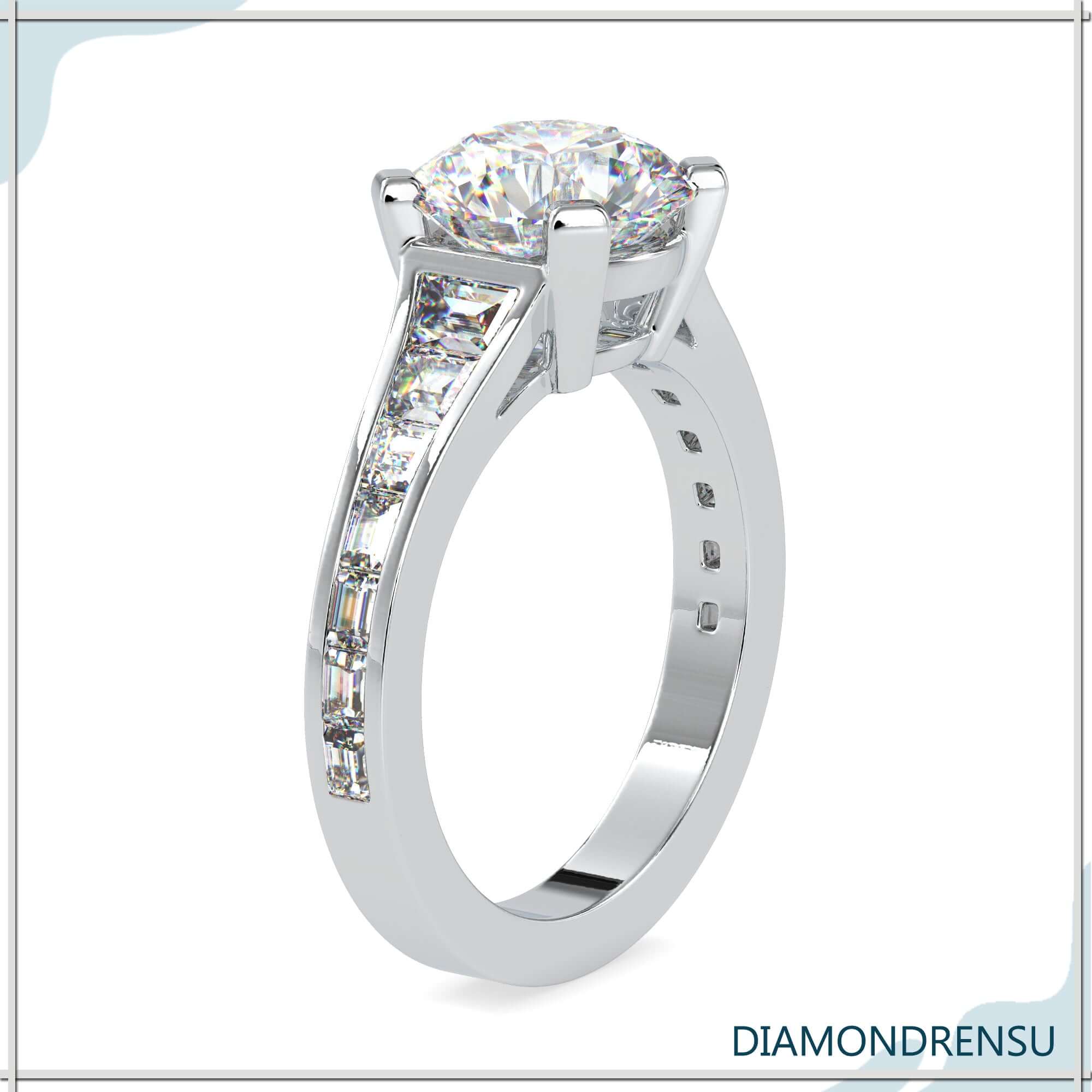 Exquisite basket setting engagement ring with a tapered pave design for added beauty.