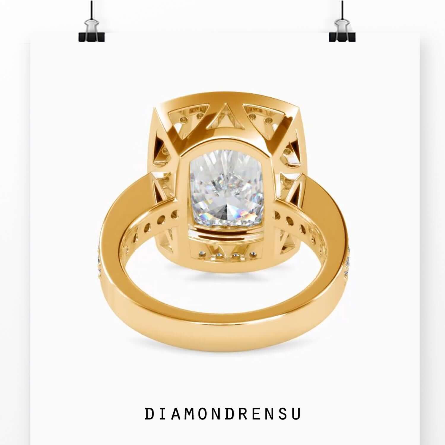 Handcrafted diamondrensu engagement ring featuring an IGI certified elongated cushion cut.