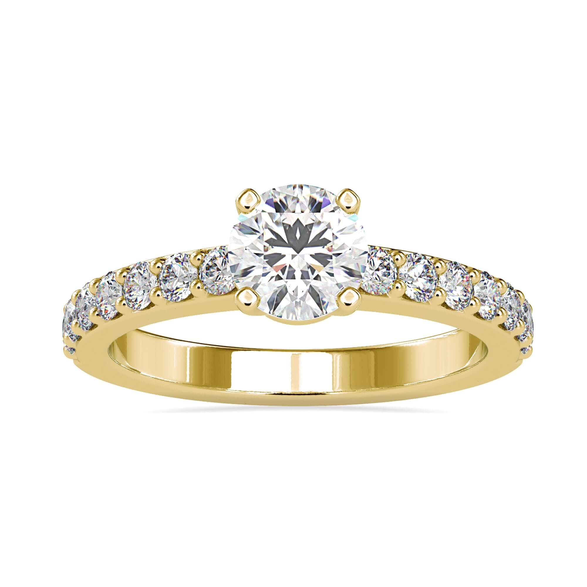 Round diamond engagement ring with a pave band.