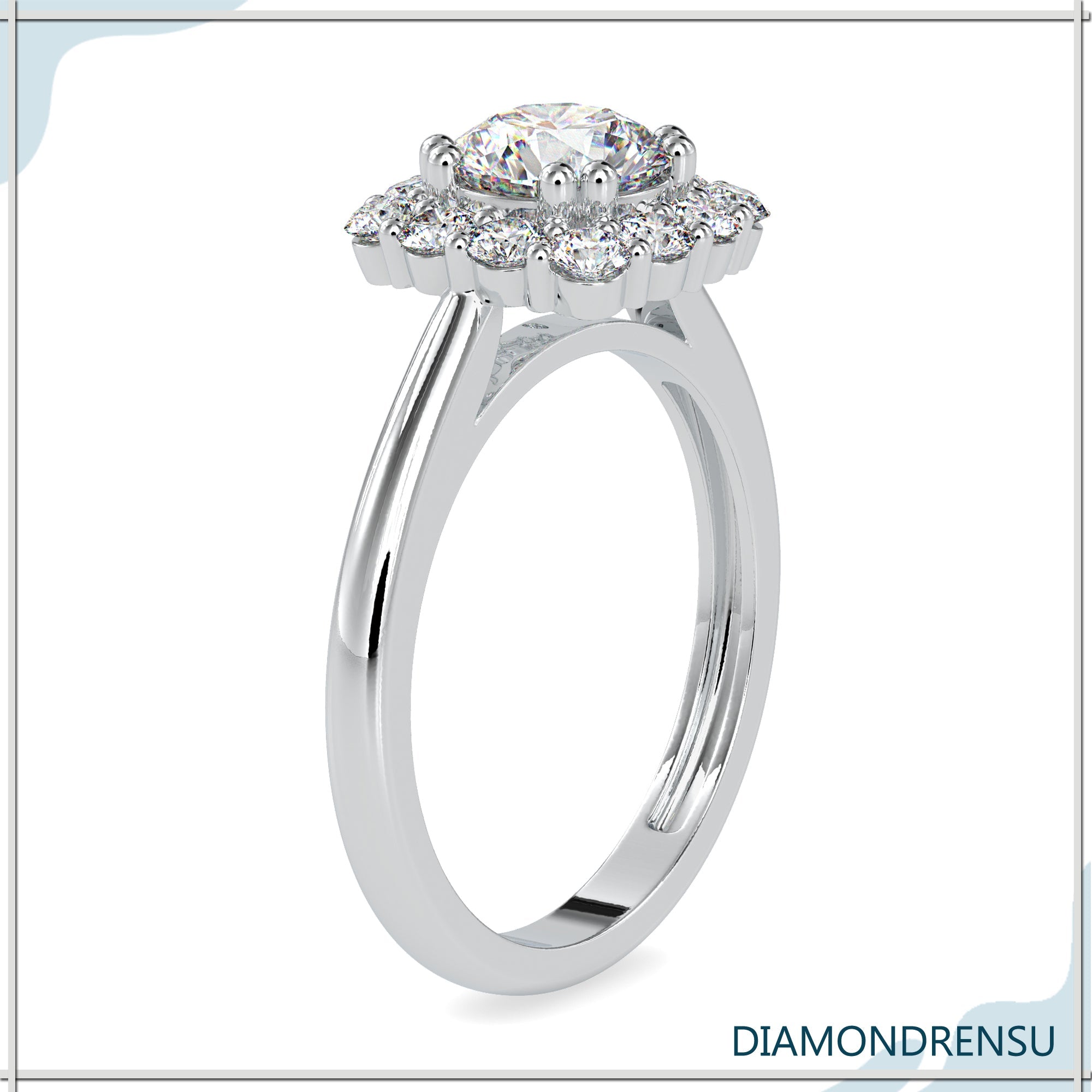 Cathedral setting ring featuring a dazzling halo engagement ring.
