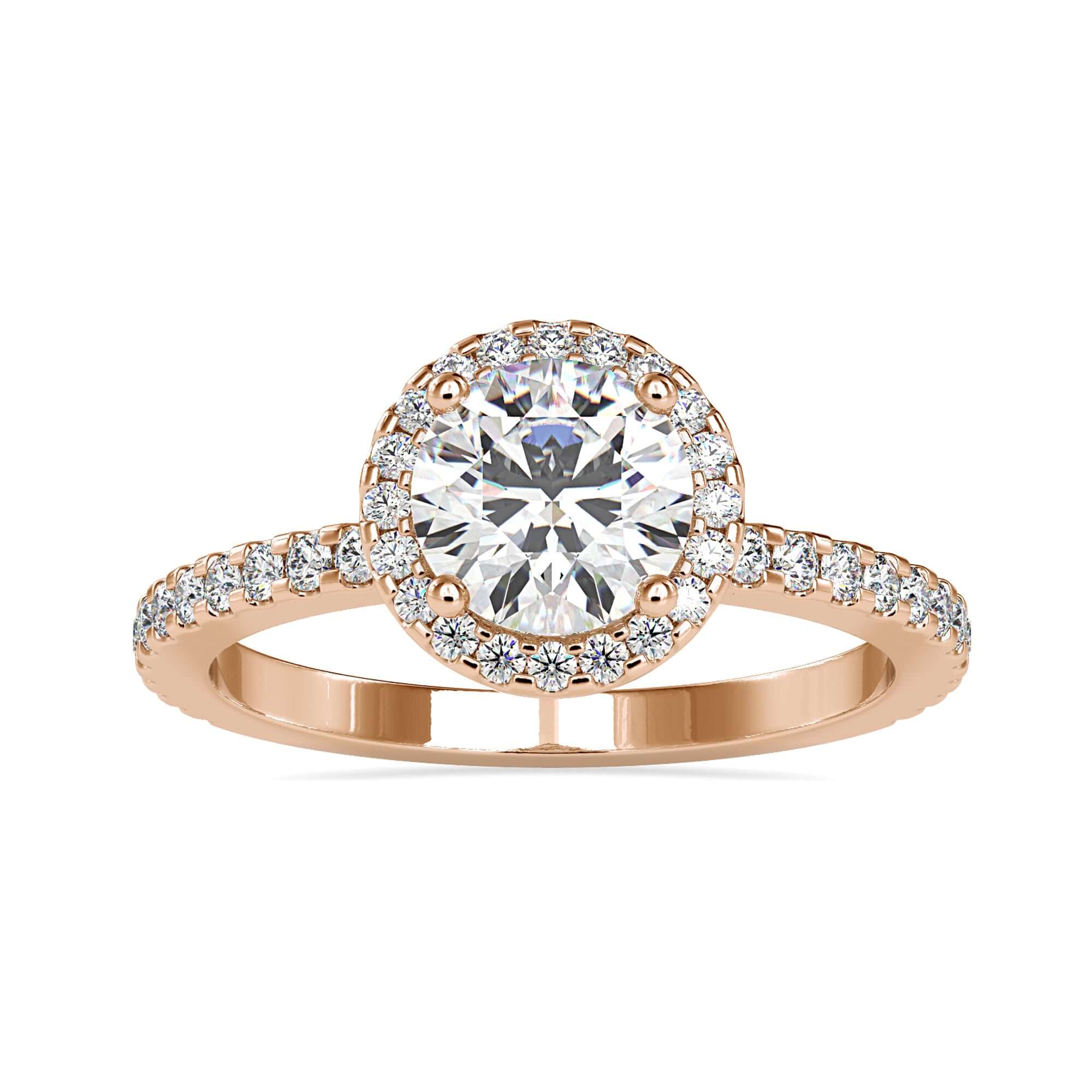 Halo diamond engagement ring with pave setting in gold.