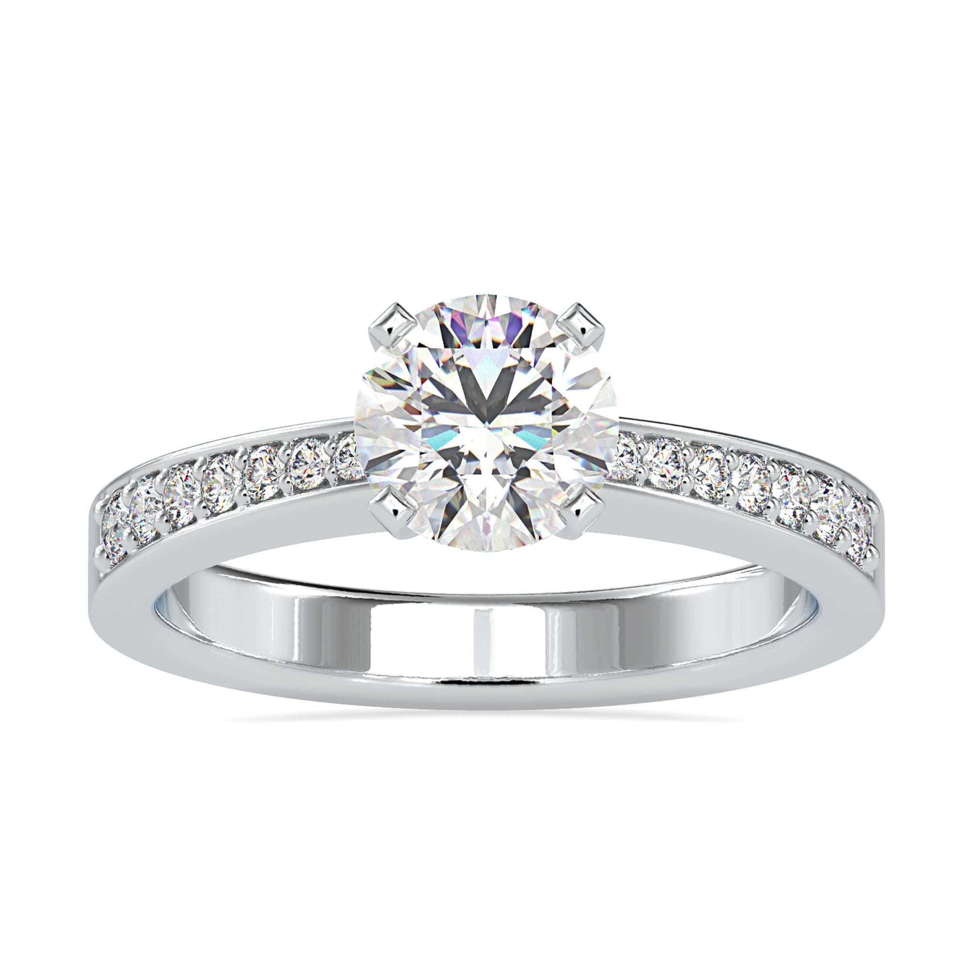 Pave engagement ring with a round brilliant diamond for added elegance.
