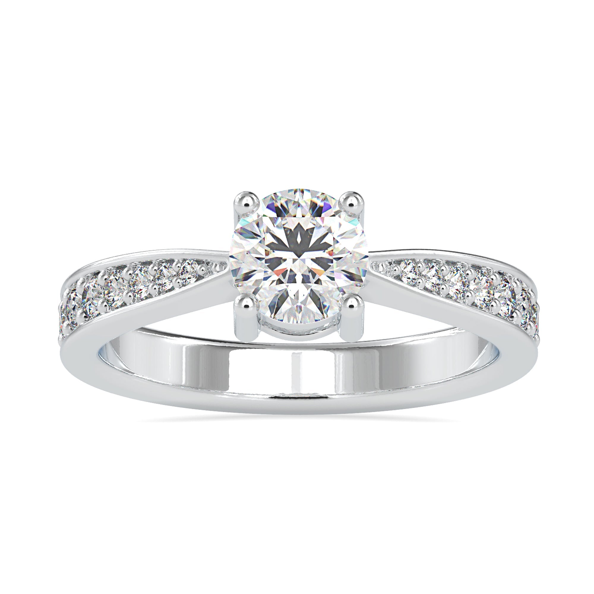 Round cut diamond engagement ring featuring a pave ring setting and a basket ring design.
