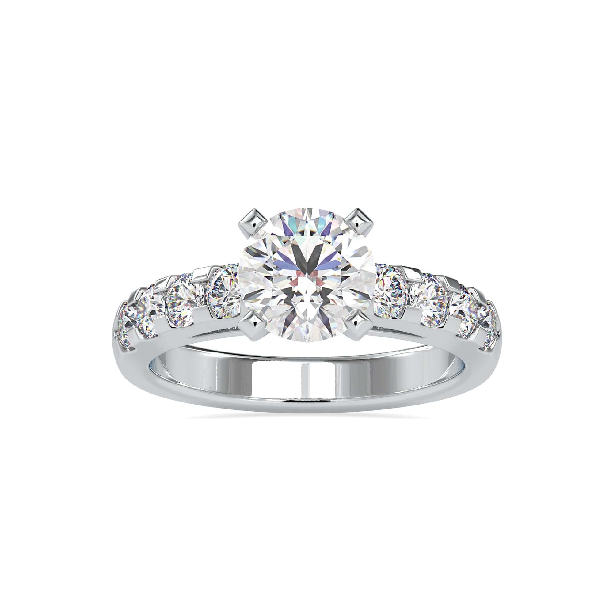 Round brilliant cut diamond ring in pave setting, perfect for engagement.
