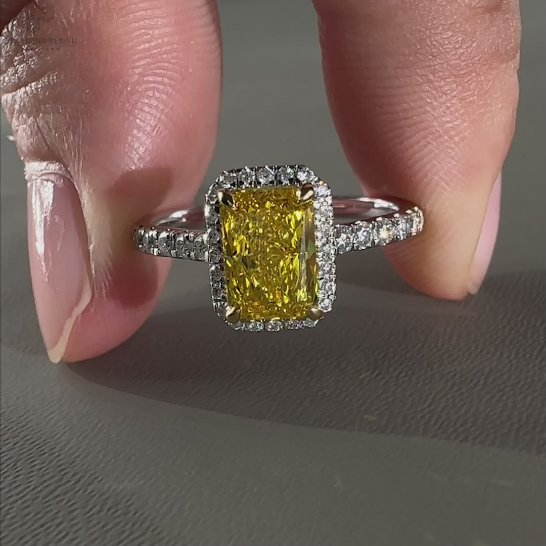 Rare 1.03 CT Radiant Cut Yellow Lab Grown Diamond Halo Engagement Ring