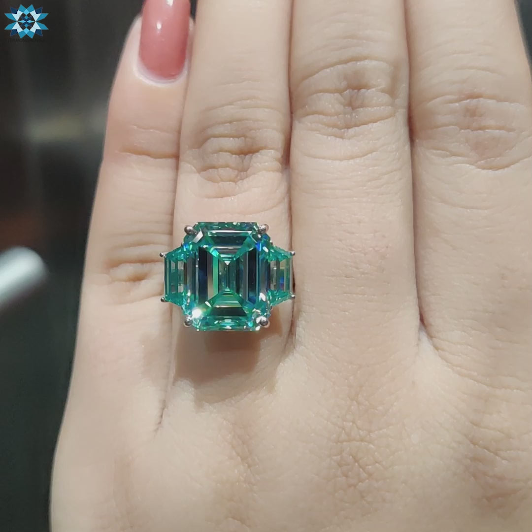 Unique 11.19 TW Emerald Cut and Trapezoid Cut Cyan Blue Three Stone Engagement Ring