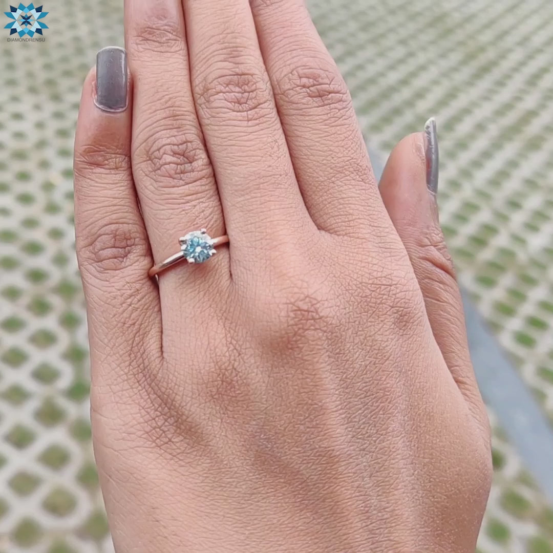 Round Cyan blue Solitaire Moissanite Engagement Ring