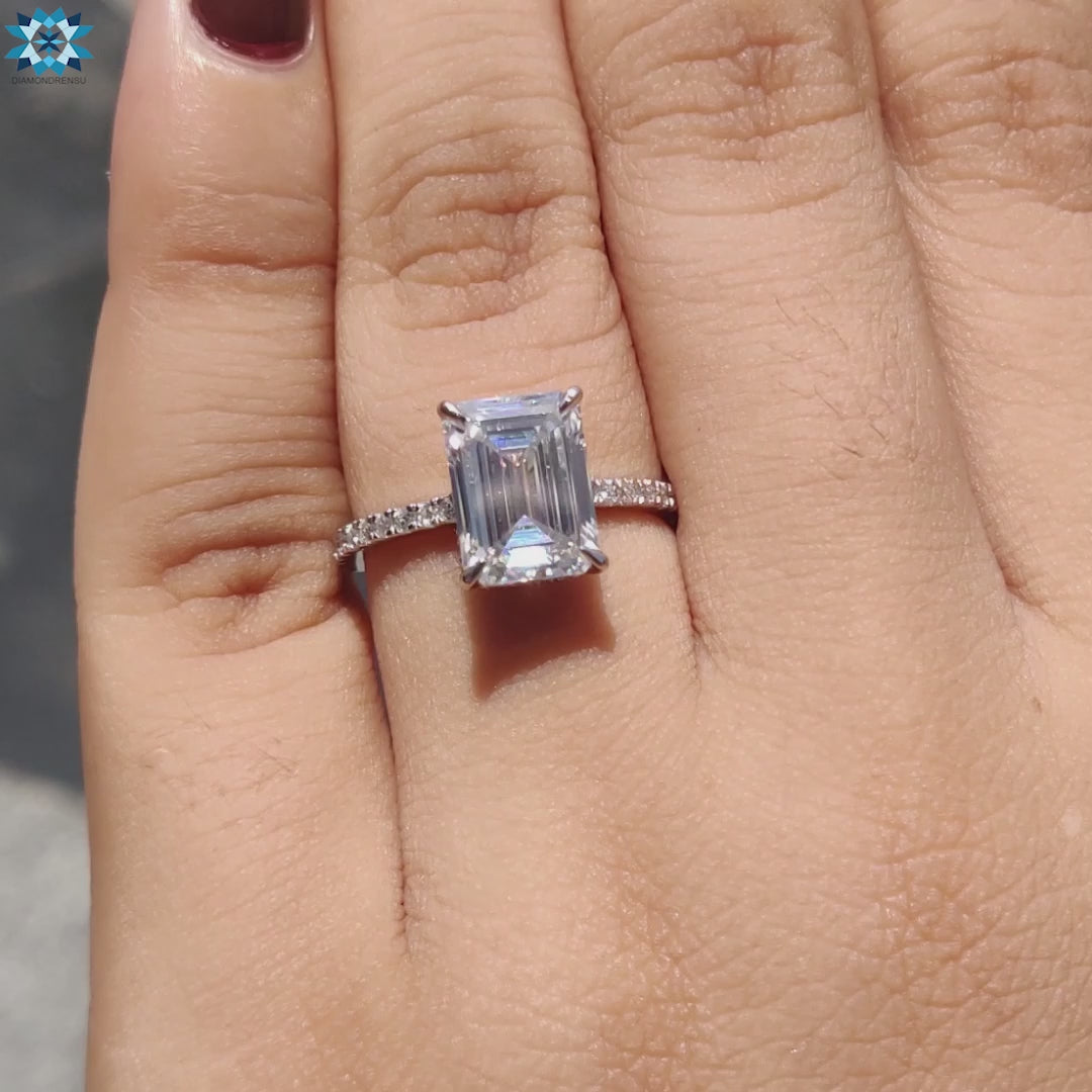 No Windmill Emerald Cut Colorless Moissanite Engagement Ring