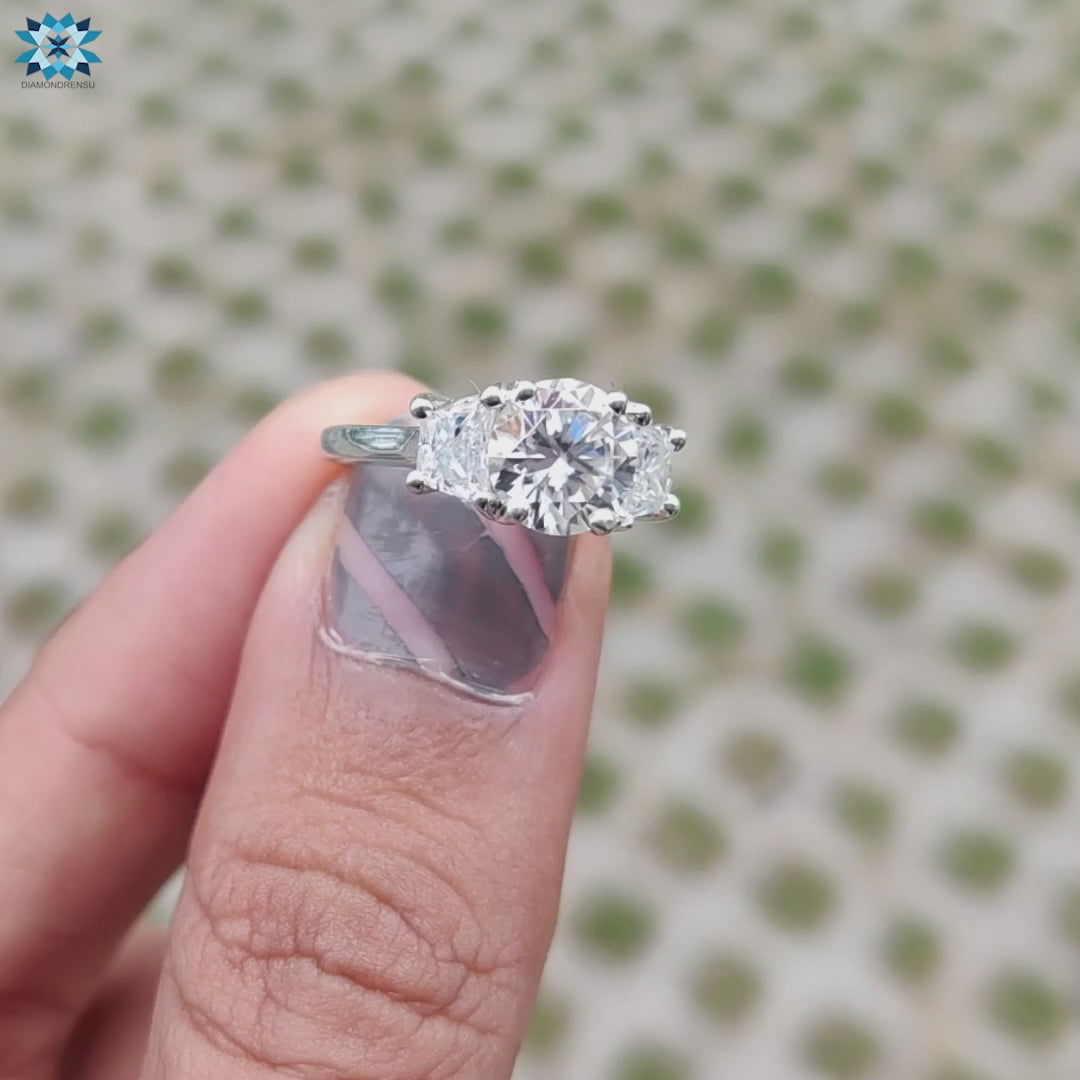 Round Trapezoid Three Stone Trellis Setting Moissanite Engagement Ring