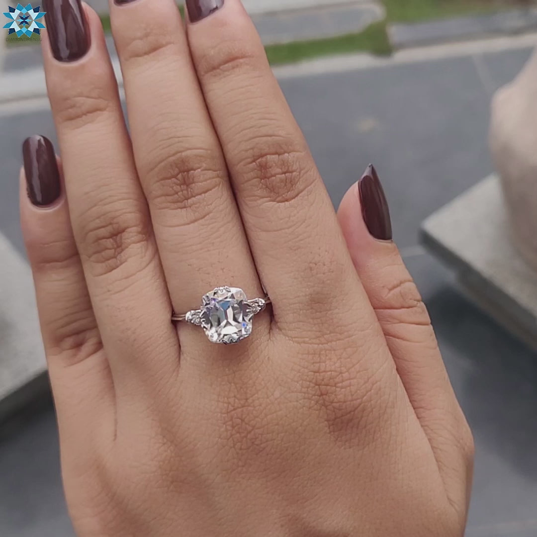 Antique Victorian Vintage 3.62 CT Cushion OEC Cut Moissanite Engagement Ring