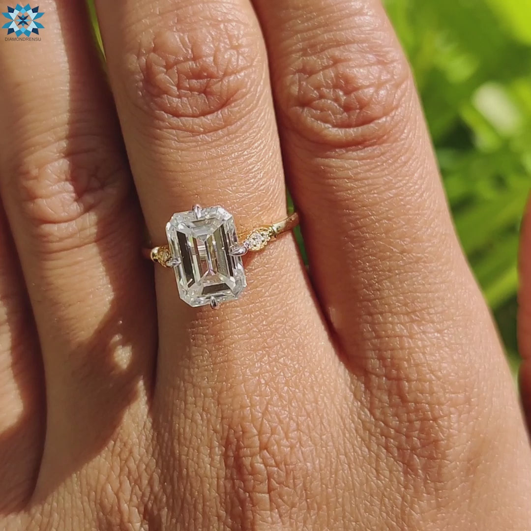 4.21 TCW Emerald Cut Antique Vintage Moissanite Engagement Ring