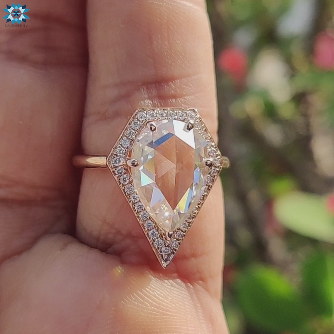 Vintage Style 3.48 TCW Pear Rose Cut, Diamond Shape Unique Halo Engagement Ring