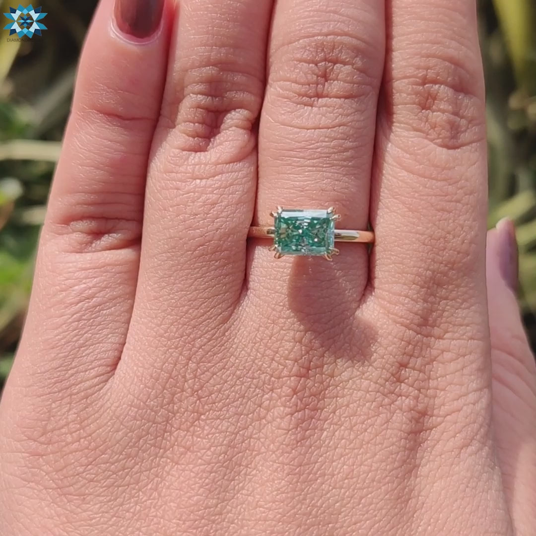 East to West Engagement Ring, 1.62 CT Radiant Cut Moissanite Engagement Ring, Cyan Blue Simple Solitaire Moissanite Ring