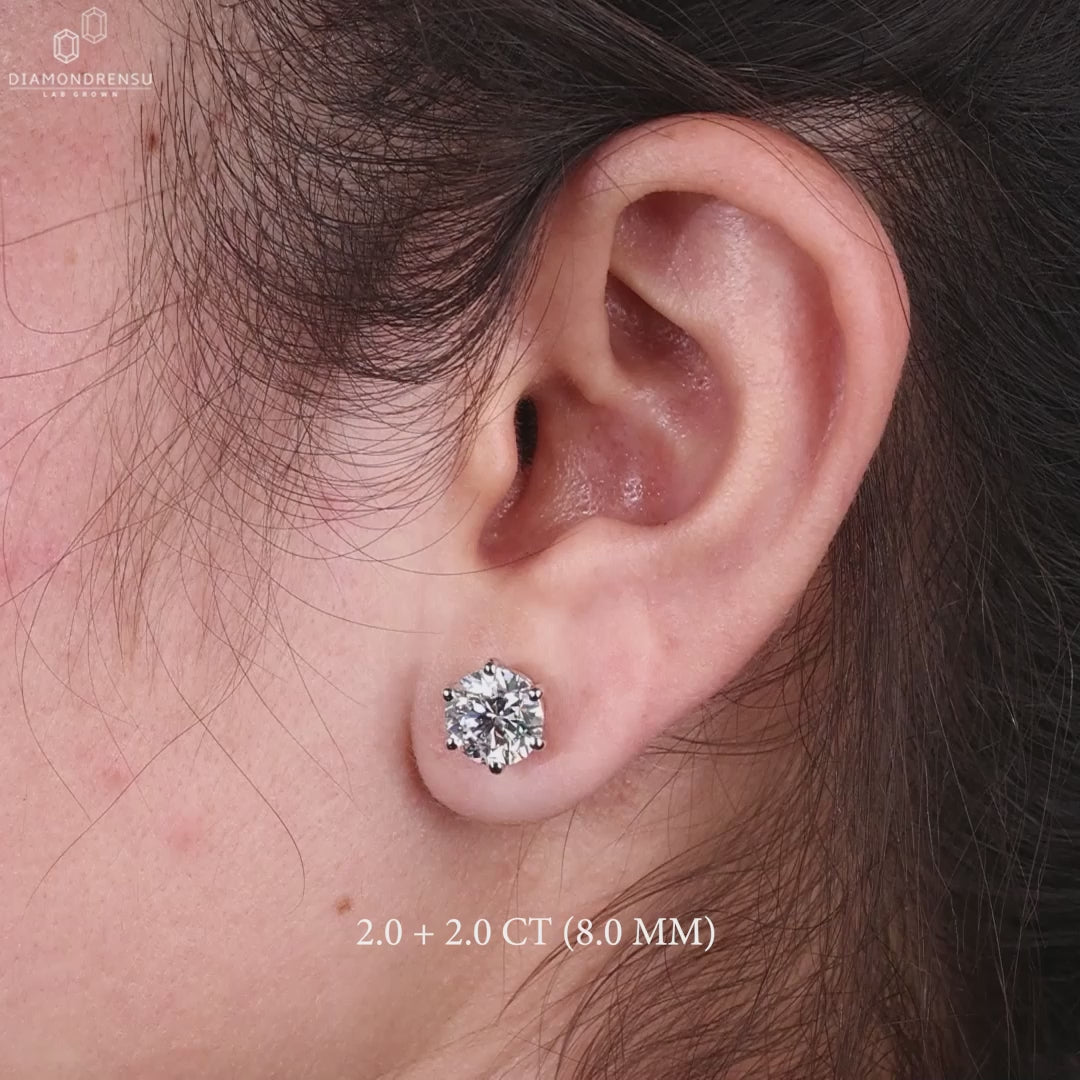 Round Diamond Studs, Six Prongs Lab Grown Diamond Earrings