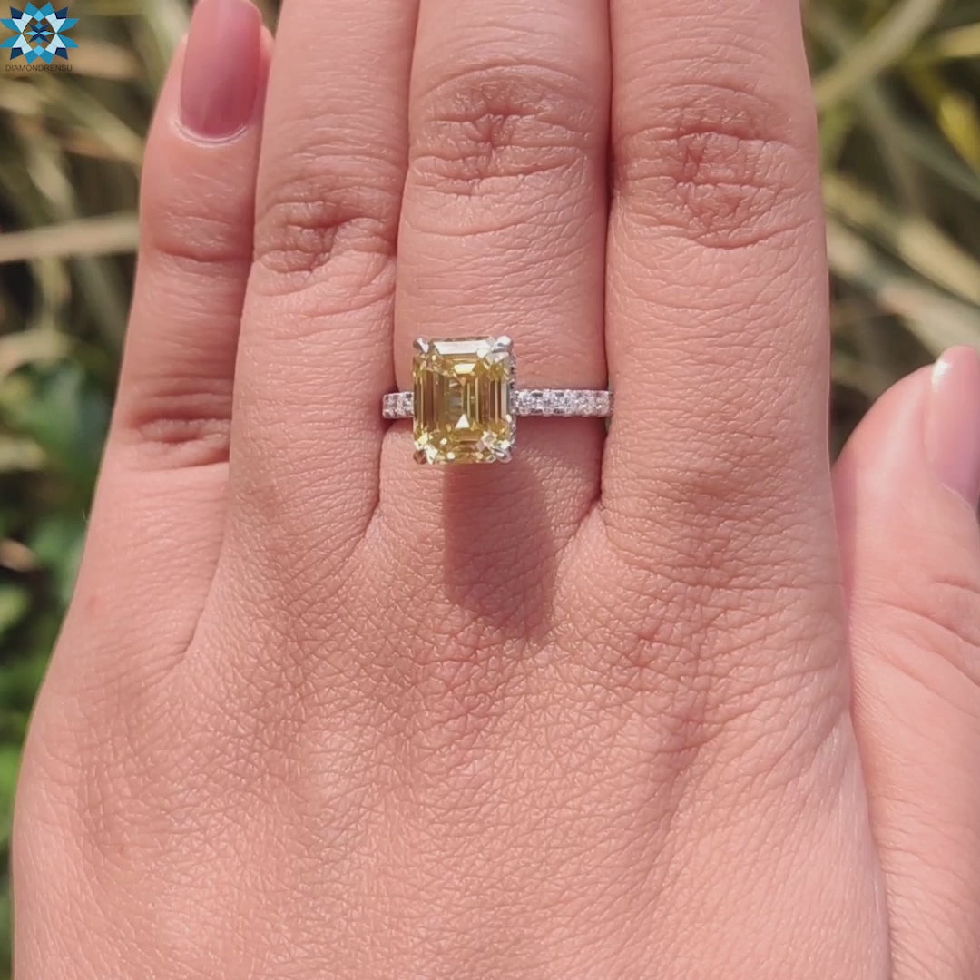 Canary Vivid Yellow 3.82 TCW Emerald Cut Unique Moissanite Engagement Ring