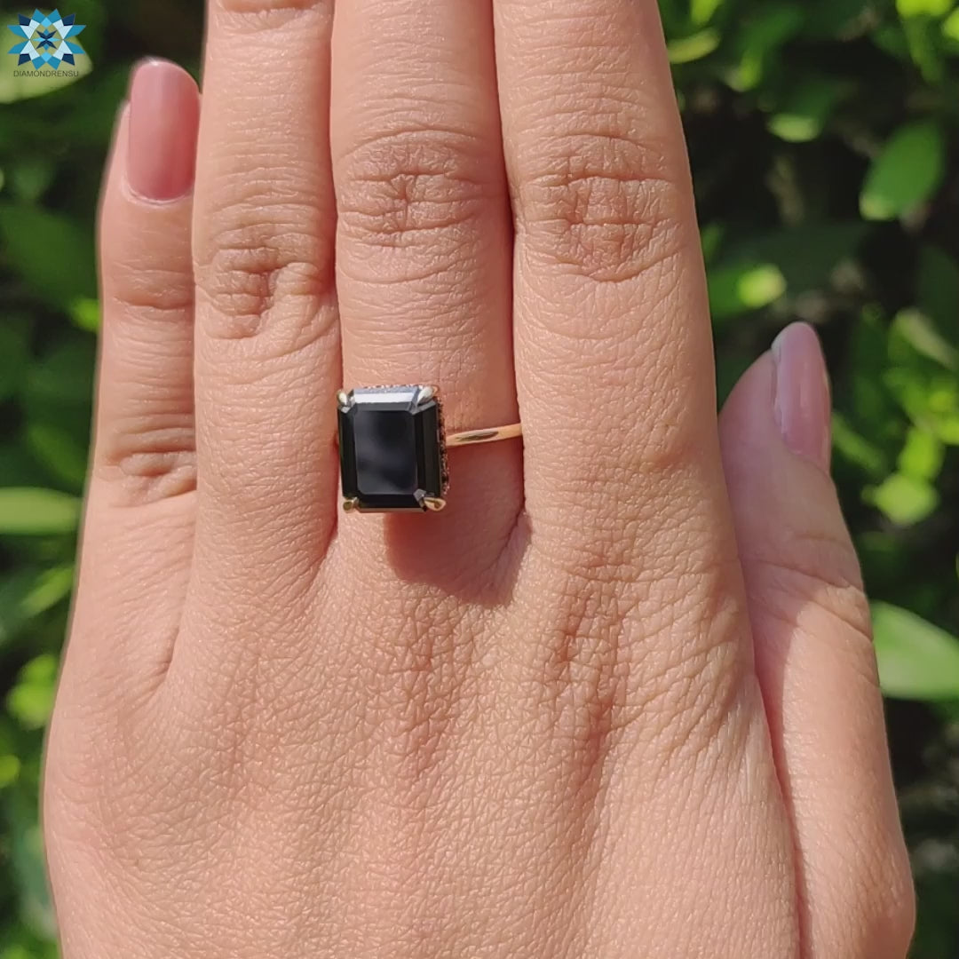 4.99 TCW Emerald Step Cut Black Moissanite Hidden Halo Engagement Ring