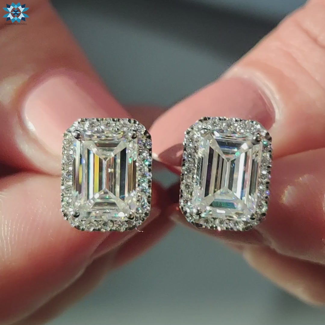 4.58 TCW Emerald Step Cut Classic Halo Moissanite Stud Earrings