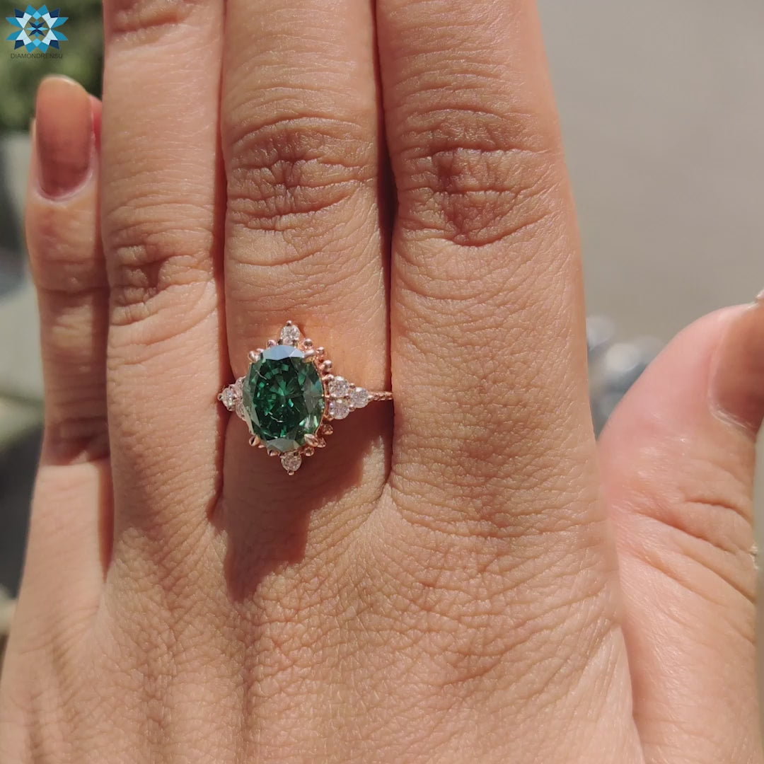 2.94 TW Green Oval Cut Moissanite Engagement Ring, Unique Muse Moissanite Ring