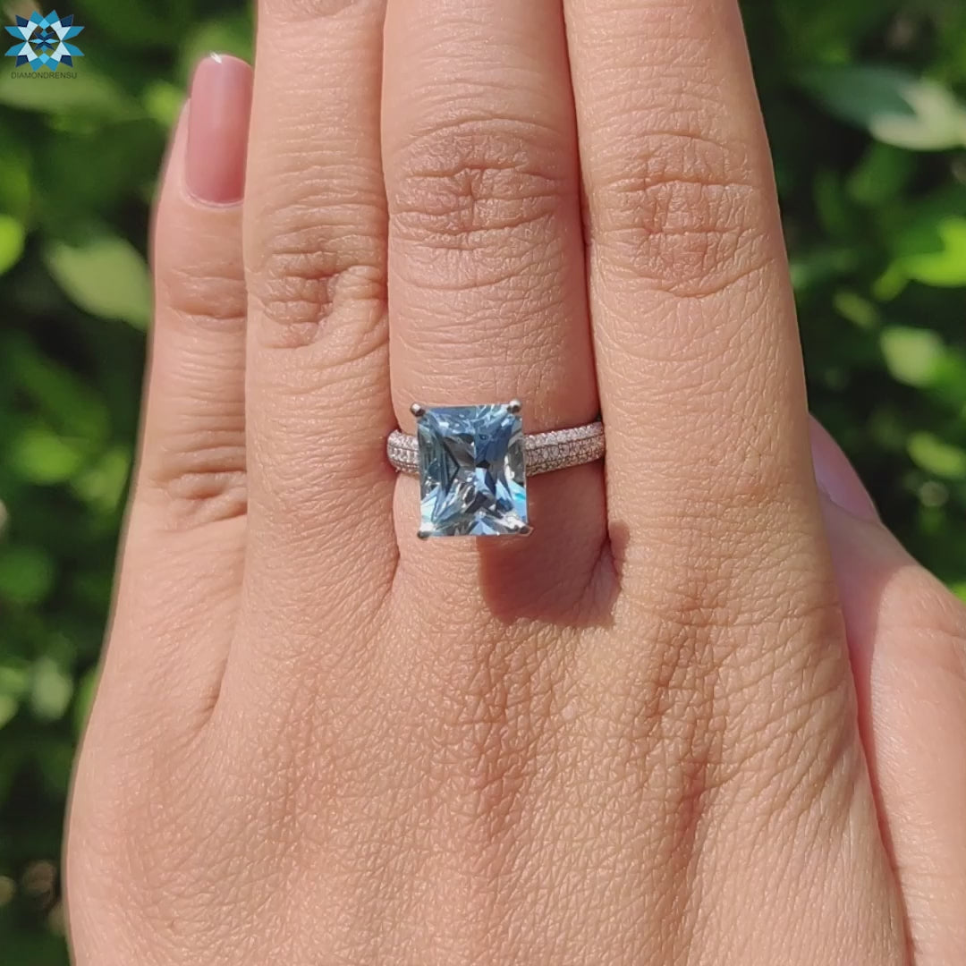 4.94 TCW Aquamarine Radiant Unique and Lovely Micro Pave Engagement Ring