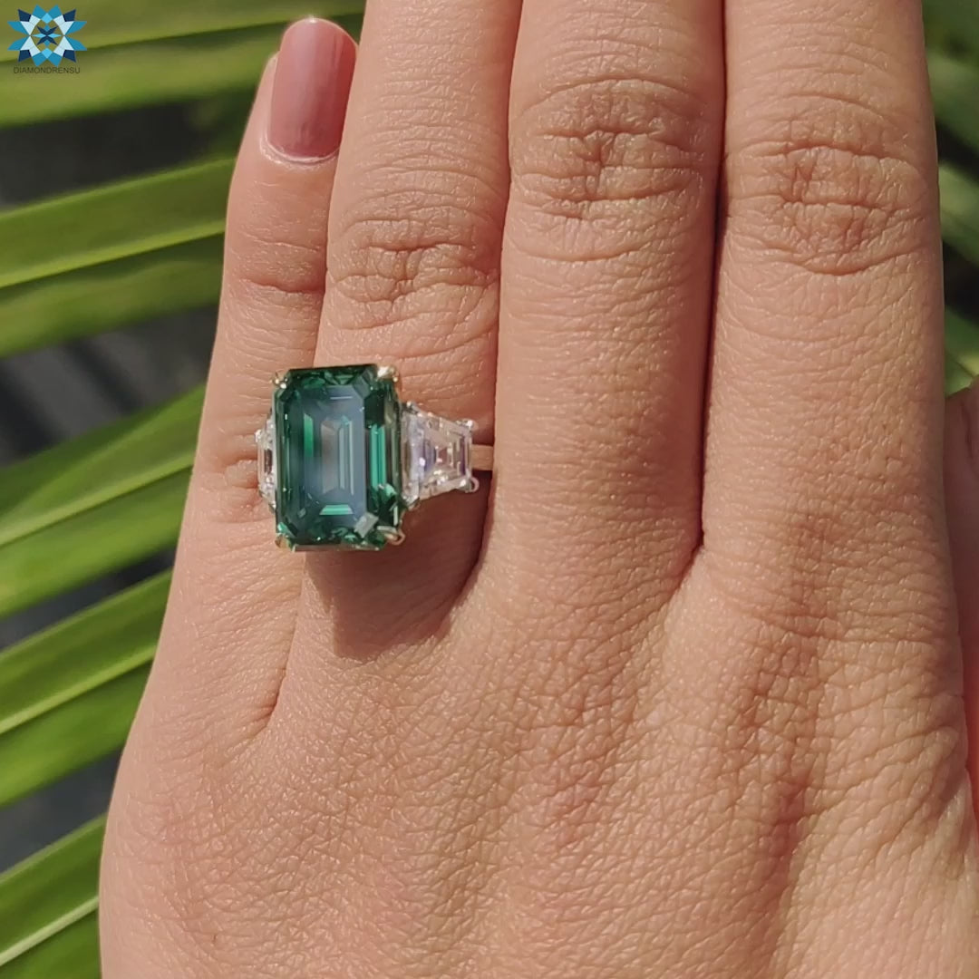 Three Stones Engagement Ring, 9.81 TW Green Emerald Cut with Colorless Trapezoid Cut Moissanite Ring