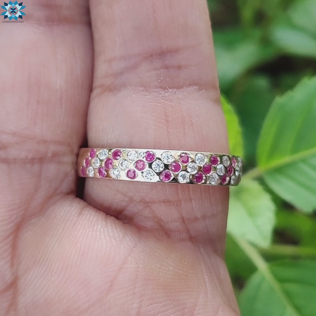 0.55 TCW Round Cut Ruby and Moissanite Eternity Wedding Band