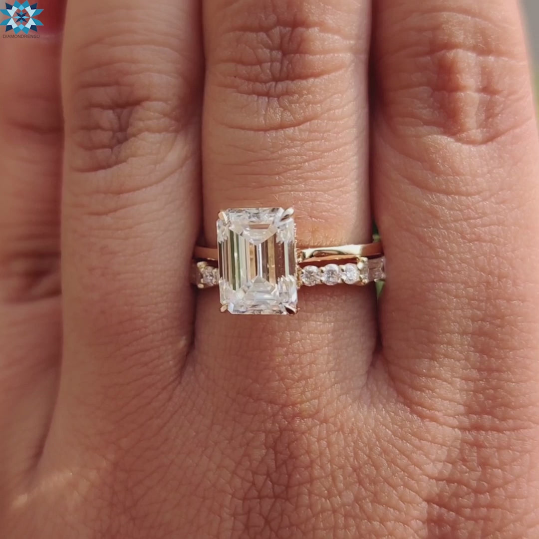 Amazing 4.28 TCW Emerald Cut Hidden Halo Moissanite Bridal Ring Set