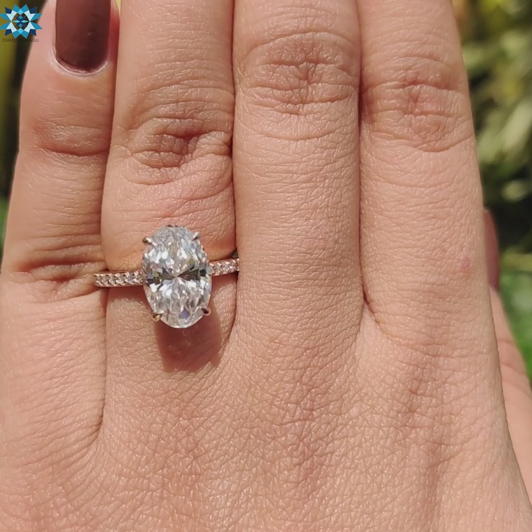 3.32 TW Oval Cut Hidden Halo Cathedral Set Unique Moissanite  Engagement Ring